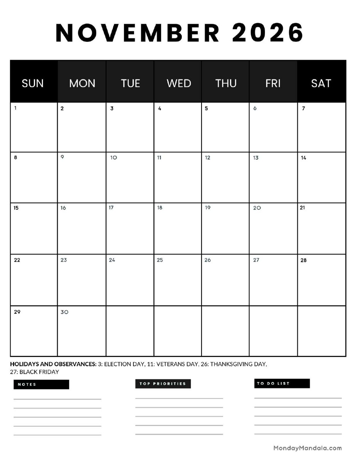 November 2026 Calendar Printable Business 4 Portrait v2