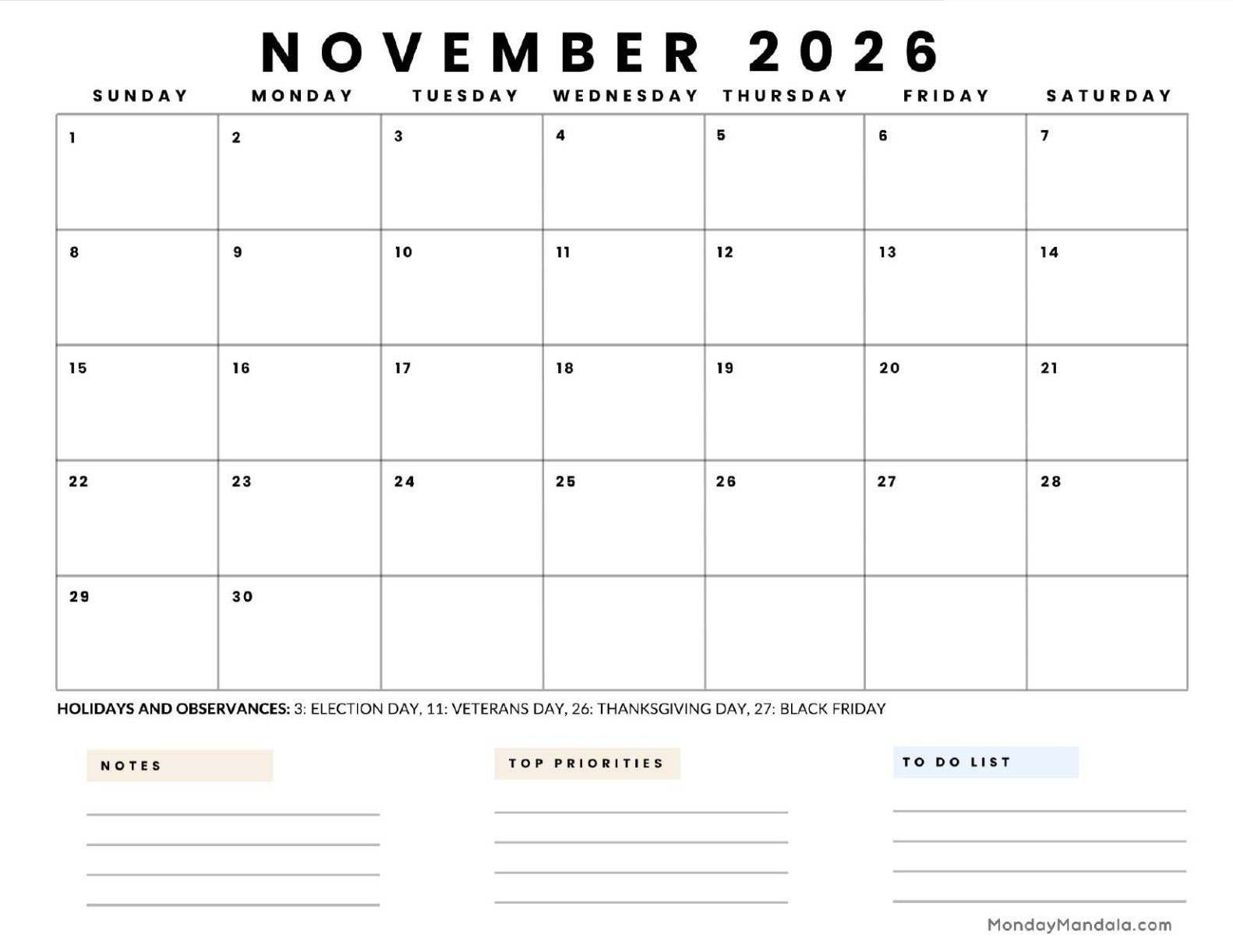 November 2026 Calendar Printable Business 5 Landscape v2