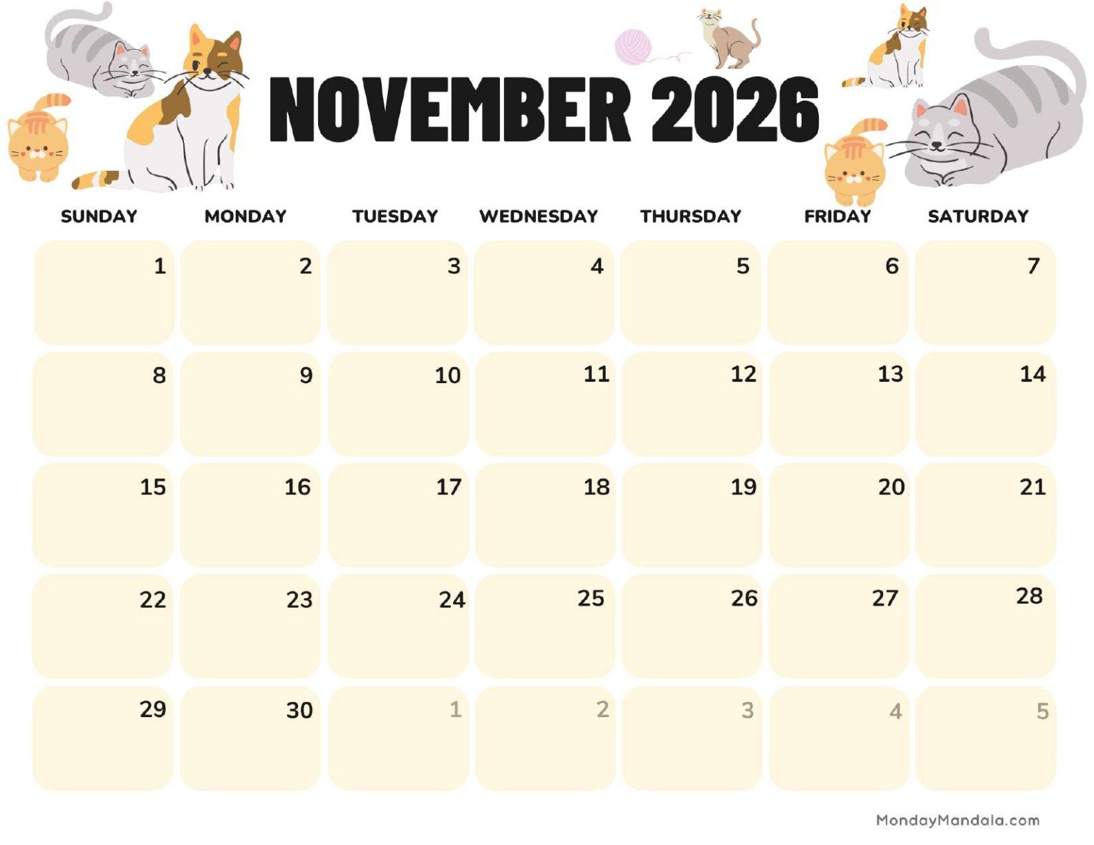 November 2026 Calendar Printable Cats Landscape v2