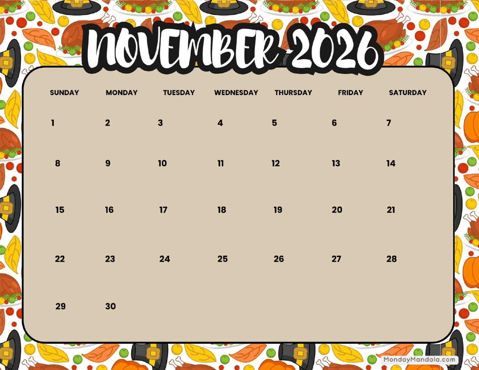 November 2026 Calendar Printable Celebration Landscape v2