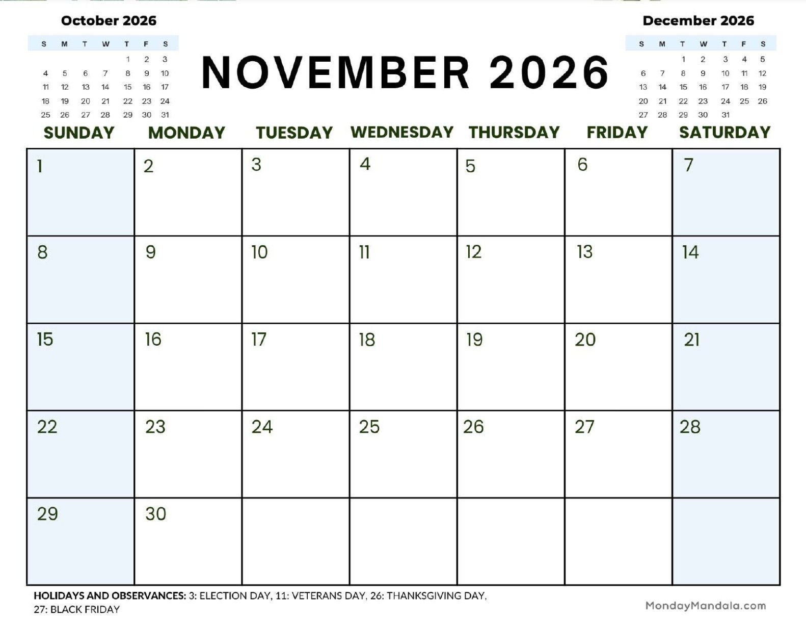 November 2026 Calendar Printable Corporate 2 Landscape v2