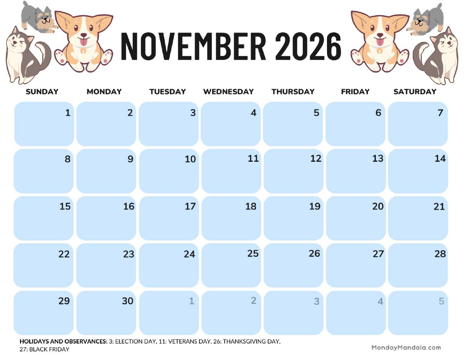 November 2026 Calendar Printable Dogs Landscape v2