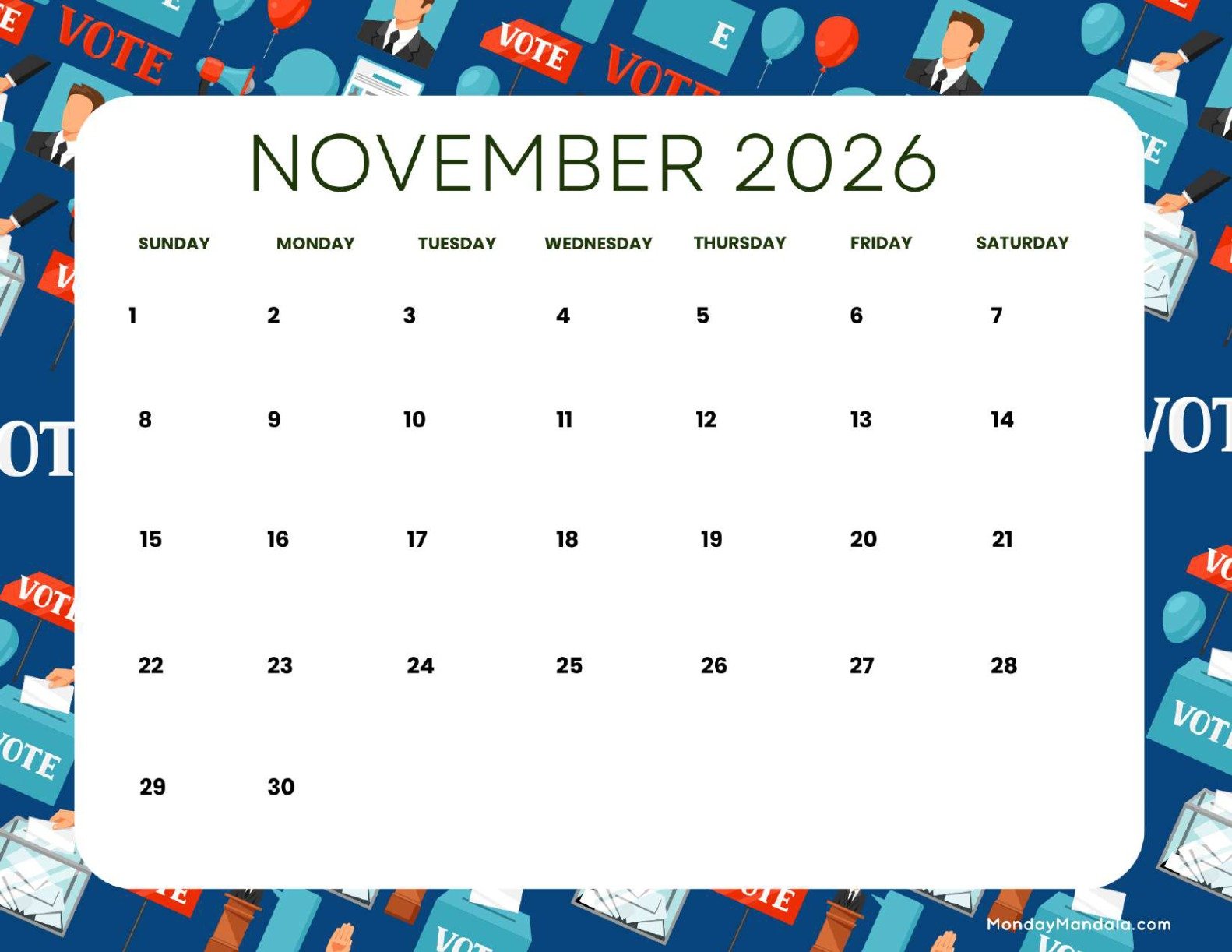 November 2026 Calendar Printable Election Landscape v2