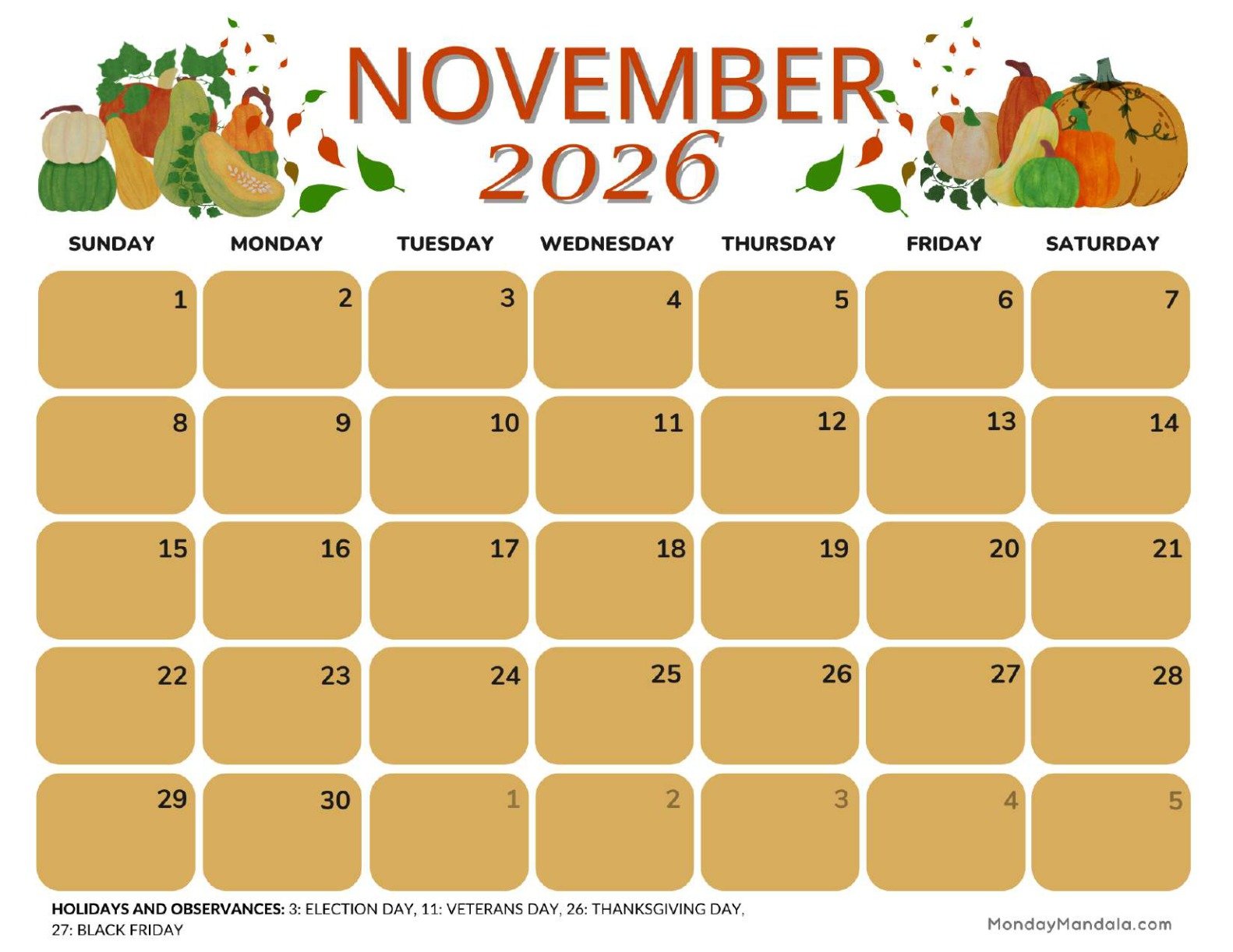November 2026 Calendar Printable Fall Landscape v2