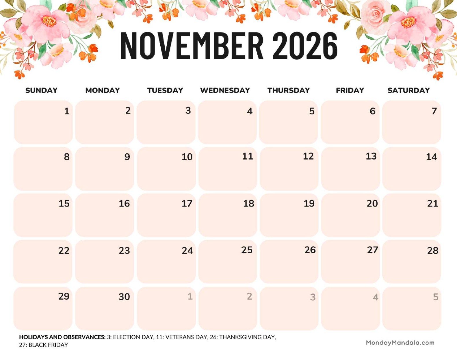 November 2026 Calendar Printable Flowers Landscape v2
