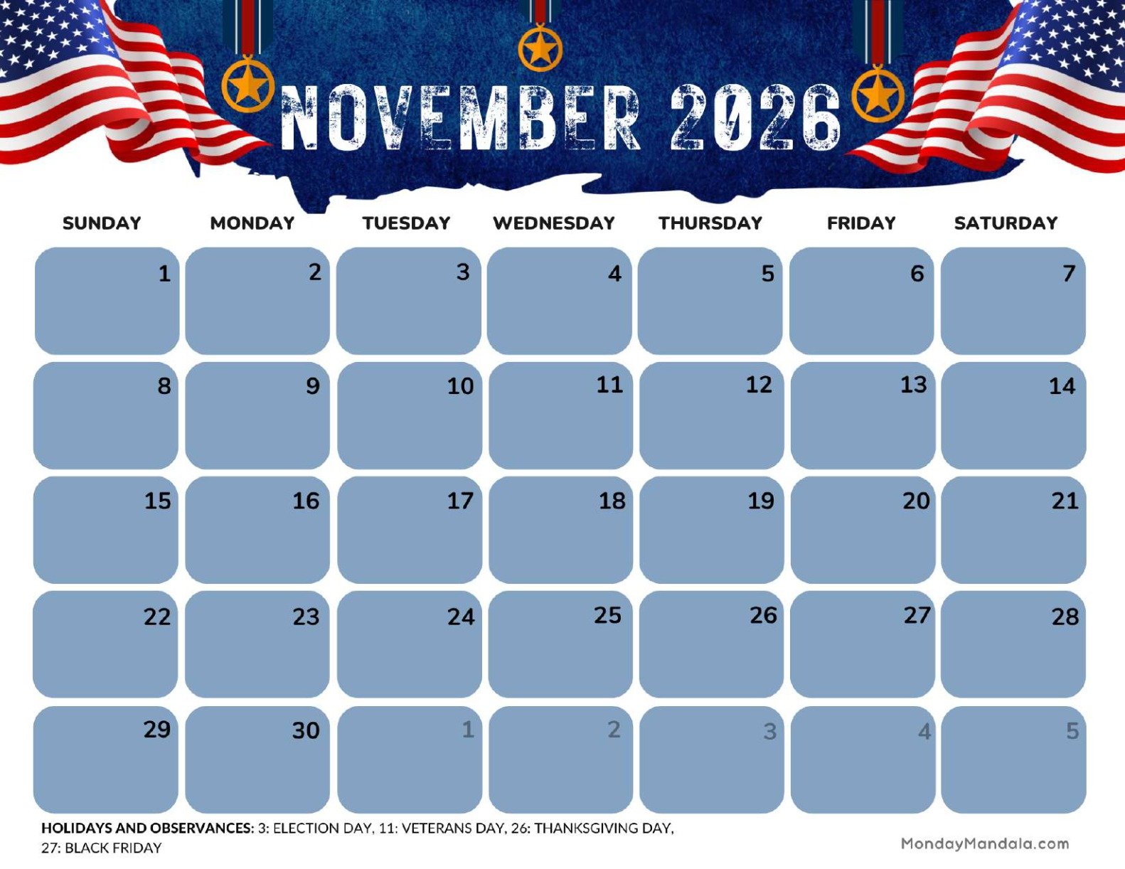 November 2026 Calendar Printable Honor Landscape v2