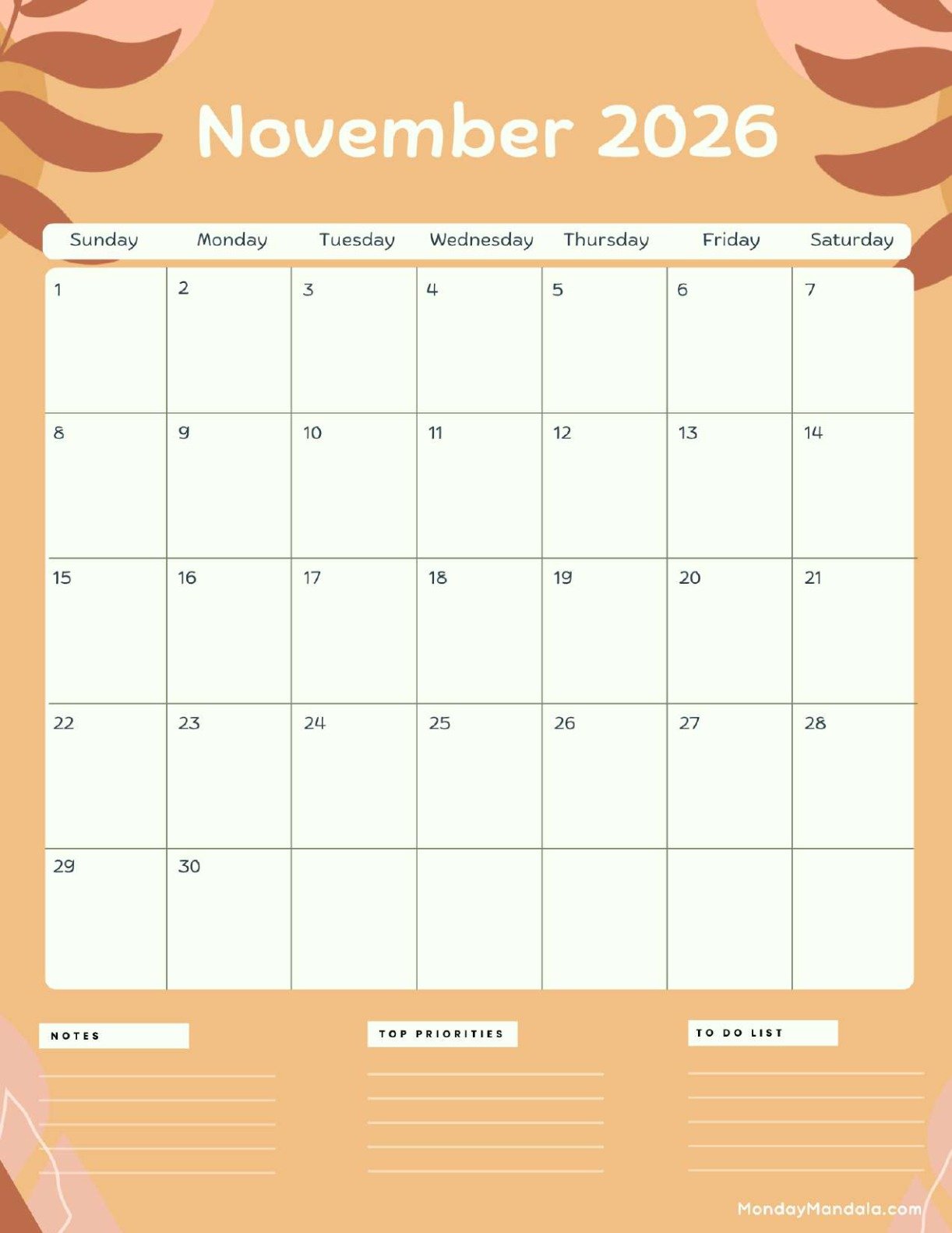 November 2026 Calendar Printable Terracotta Portrait v2