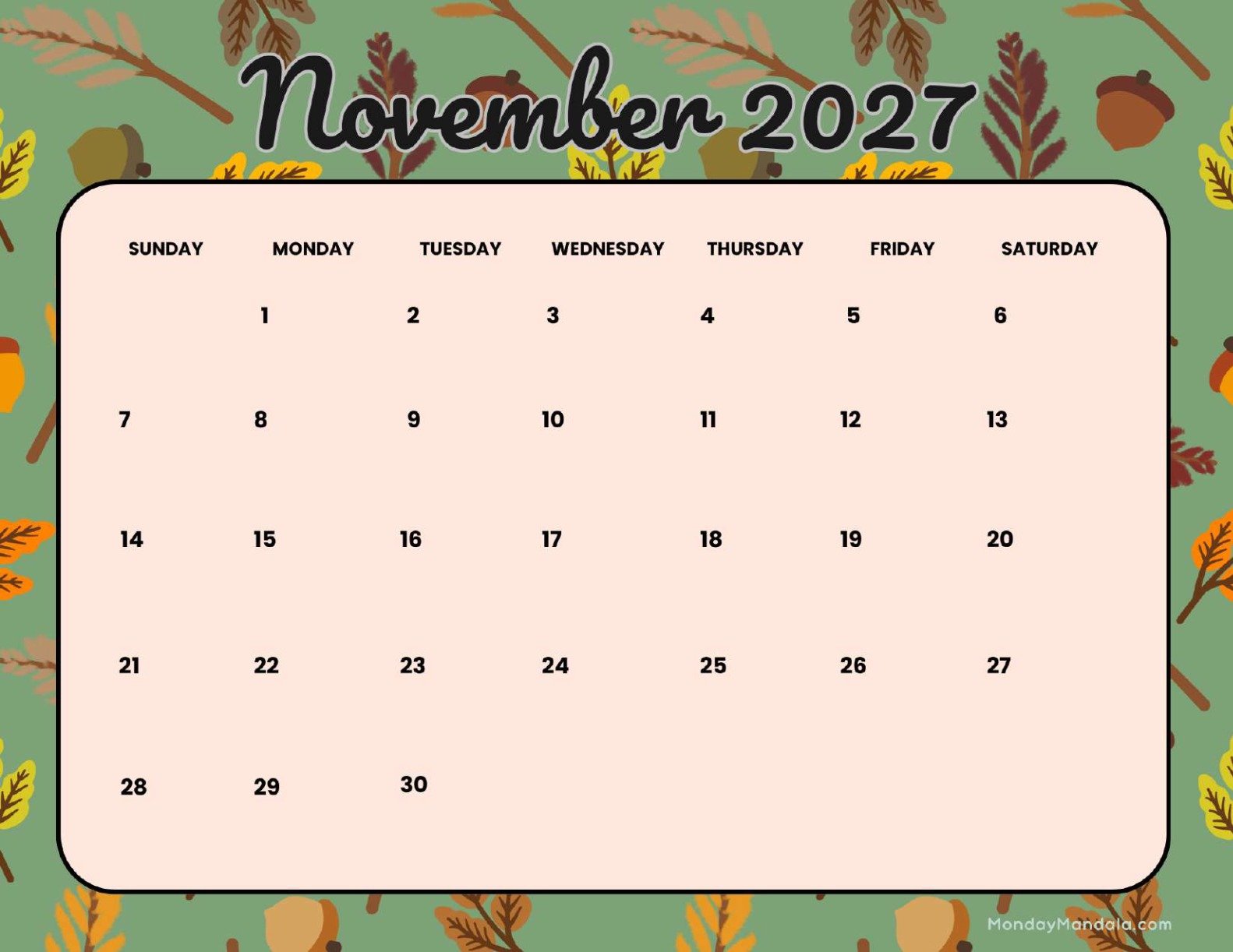 November 2027 Calendar Printable Autumn Landscape