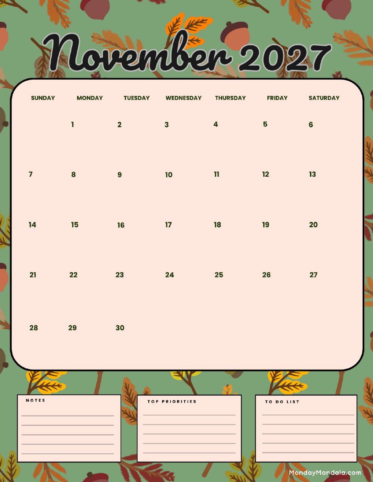 November 2027 Calendar Printable Autumn Portrait