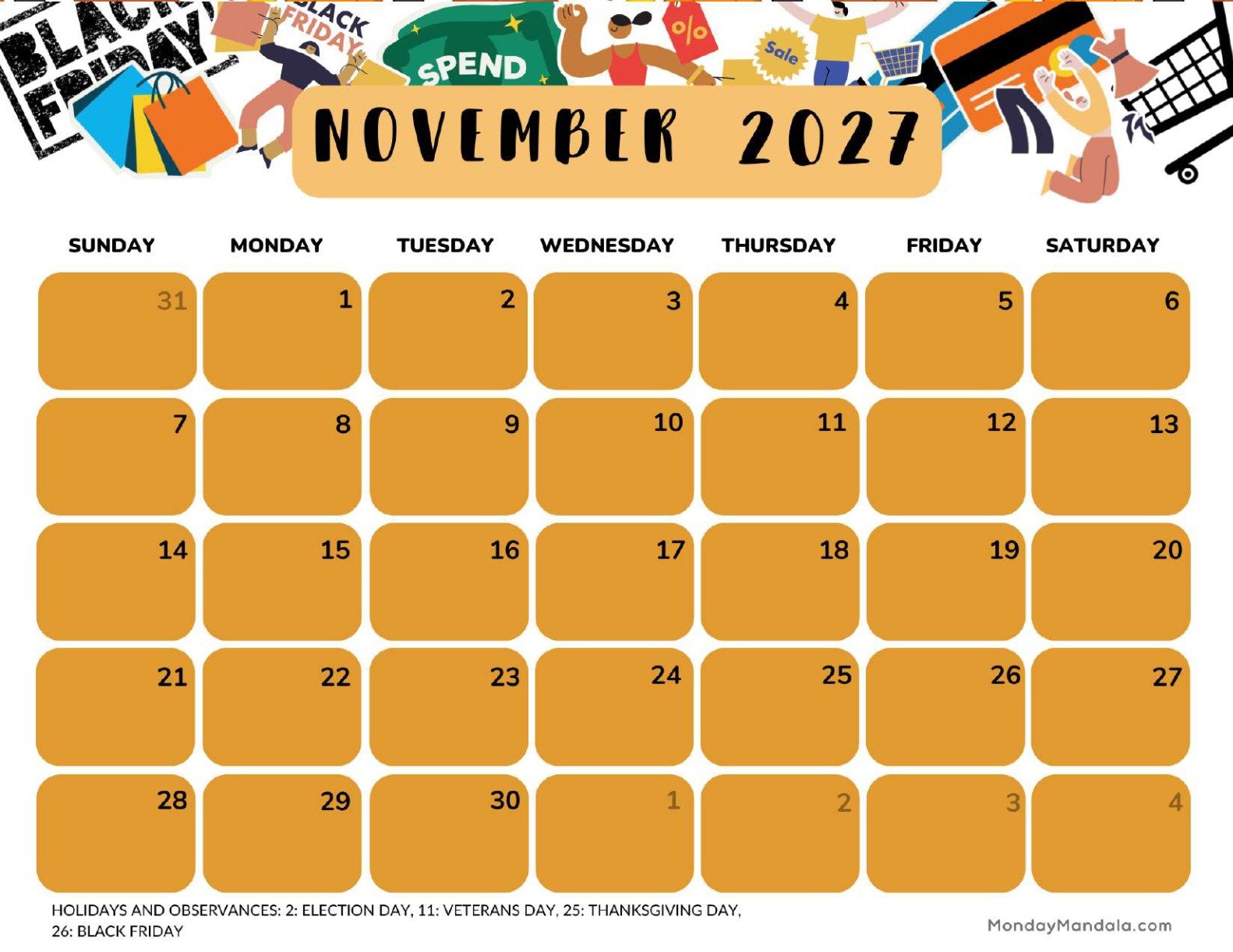 November 2027 Calendar Printable Black Friday Landscape