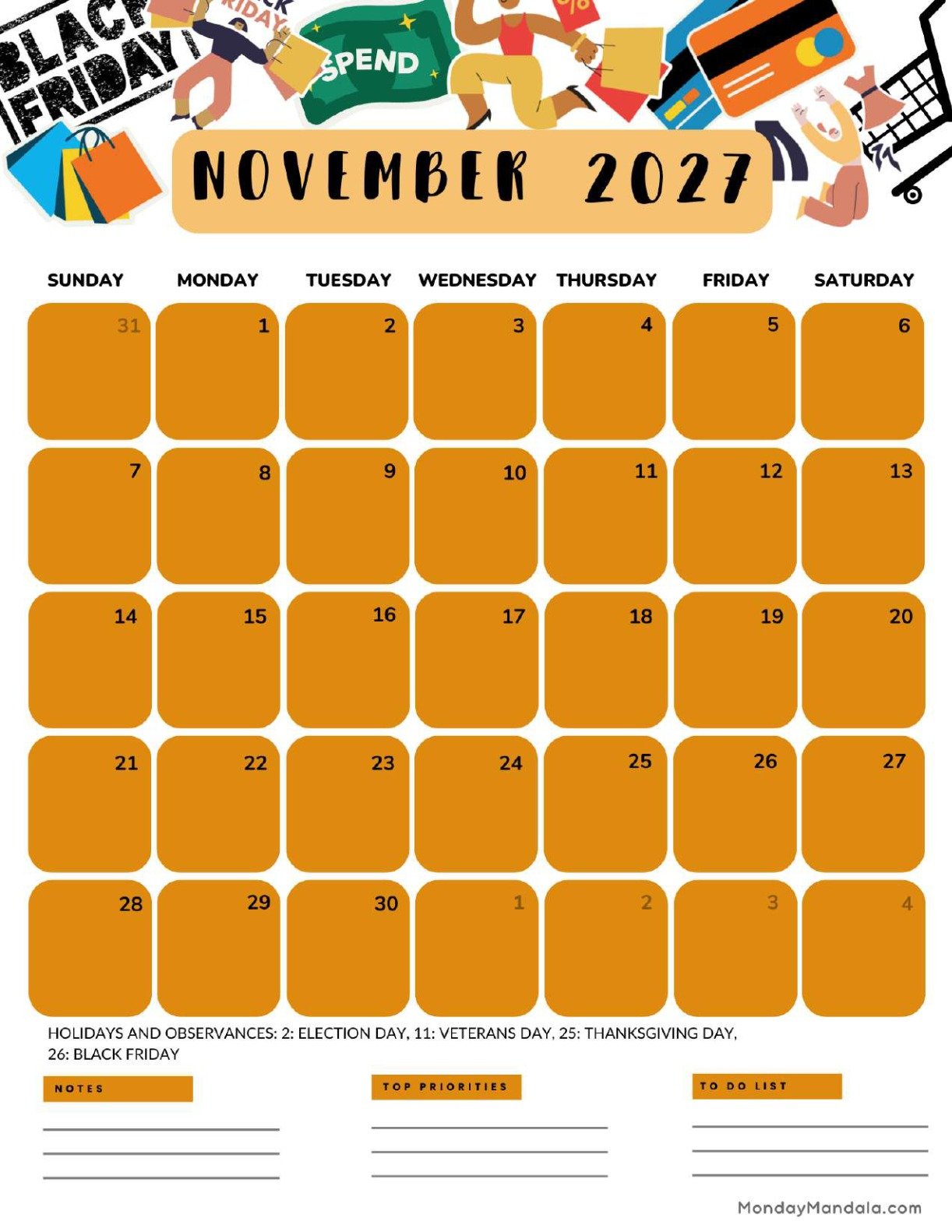 November 2027 Calendar Printable Black Friday Portrait