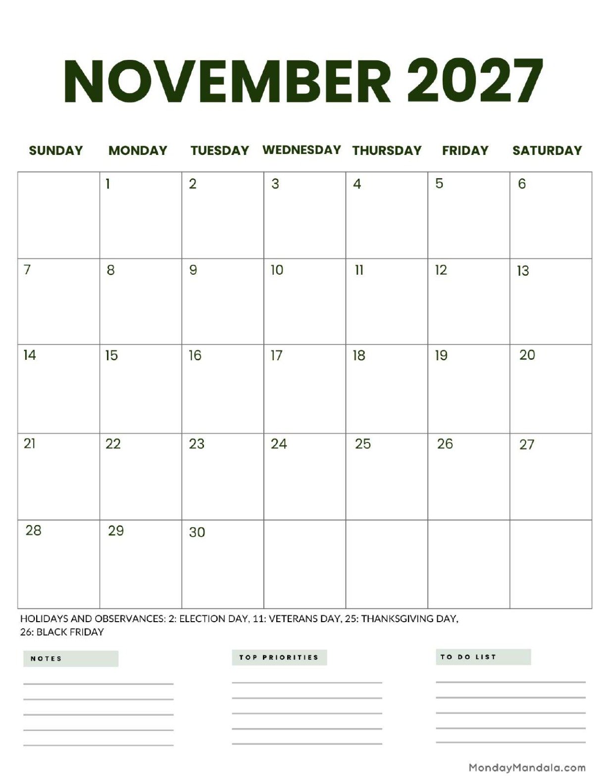 November 2027 Calendar Printable Business 2 Portrait