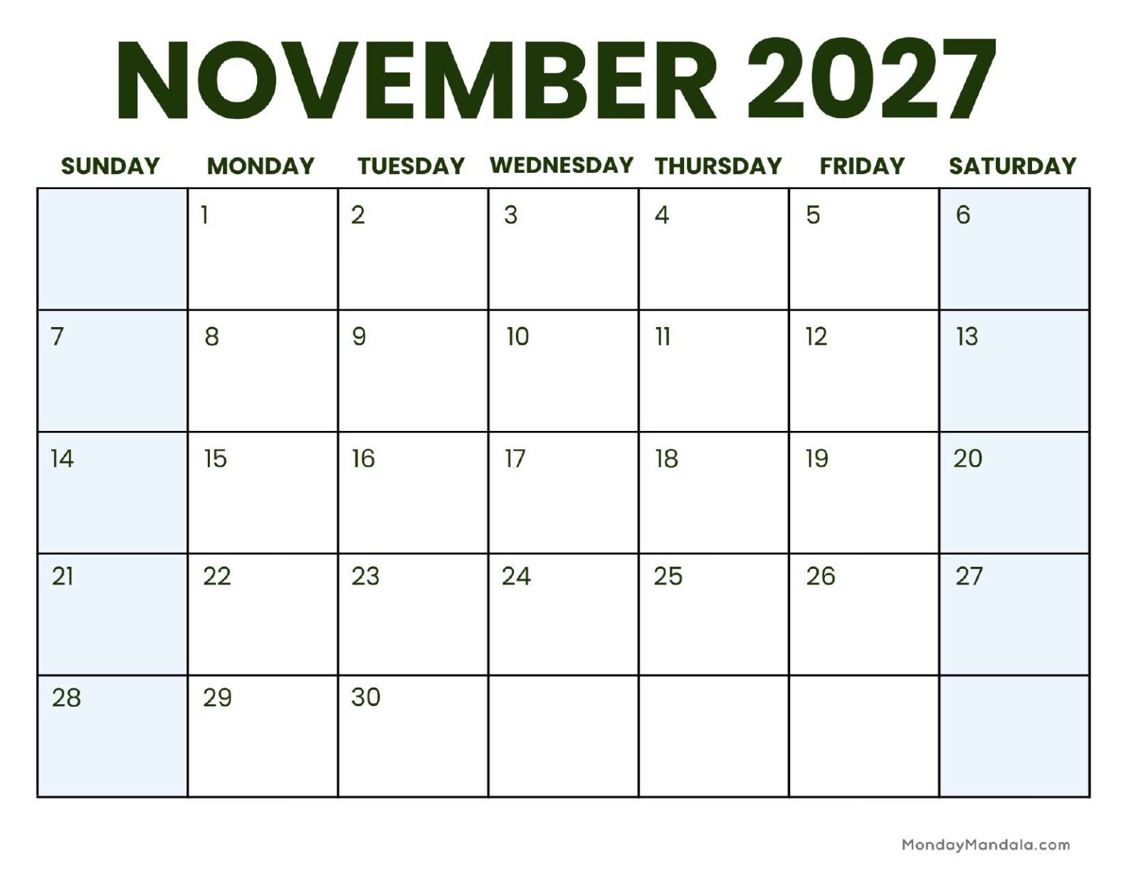 November 2027 Calendar Printable Business 3 Landscape