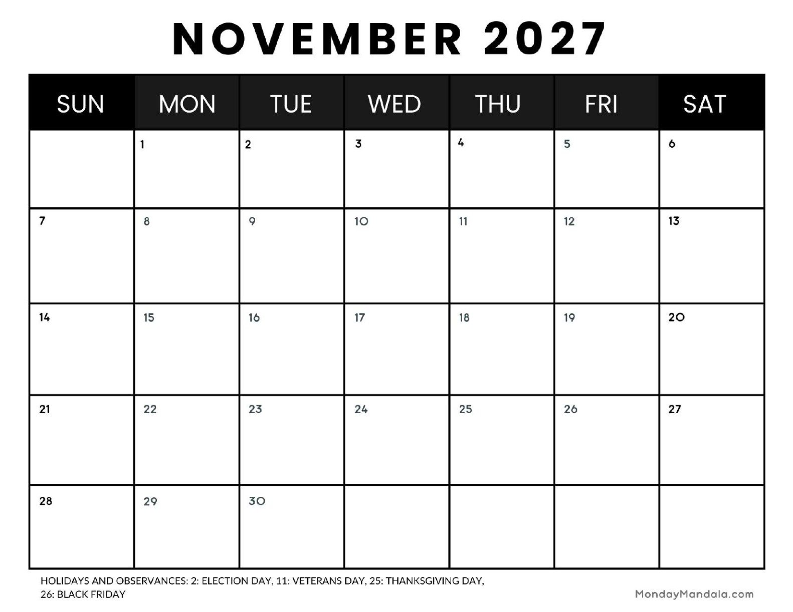 November 2027 Calendar Printable Business 4 Landscape