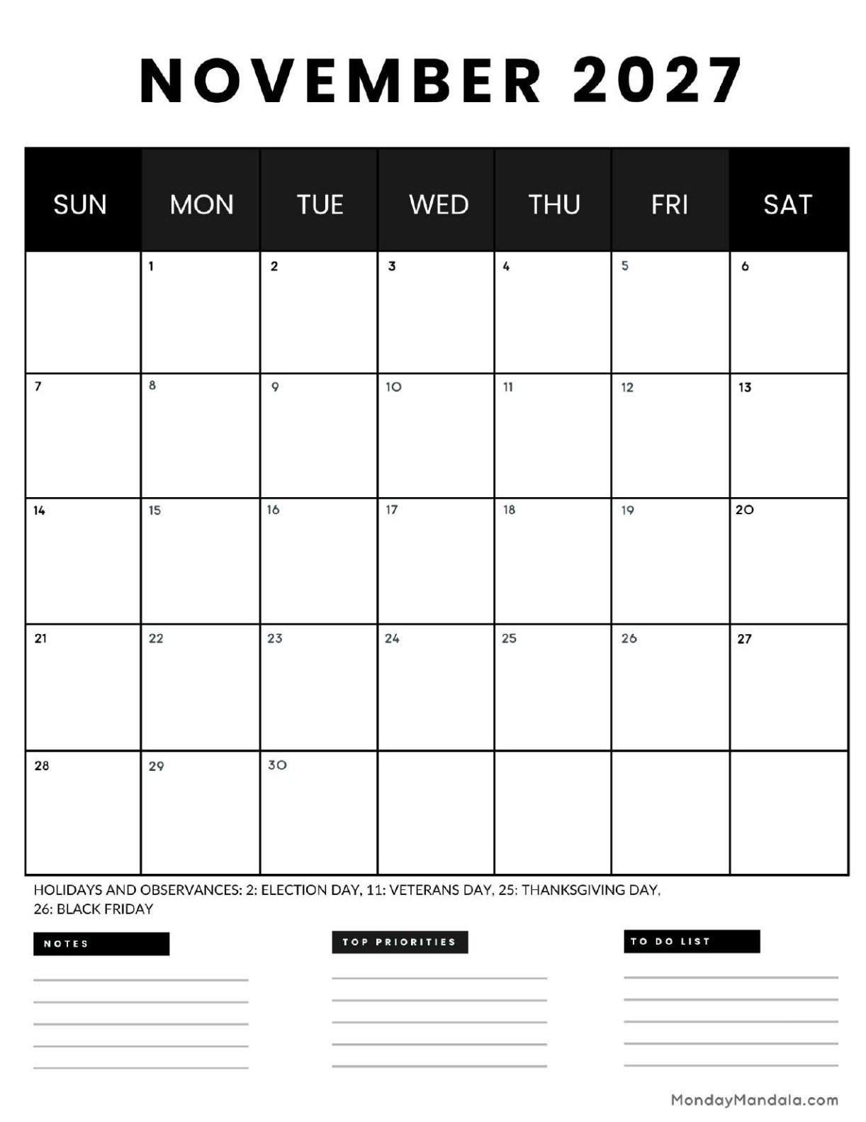 November 2027 Calendar Printable Business 4 Portrait