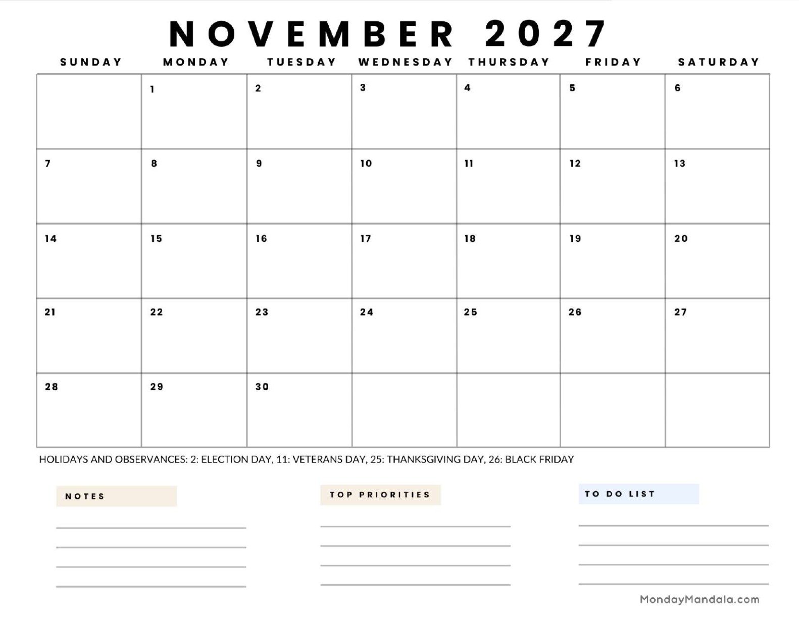 November 2027 Calendar Printable Business 5 Landscape
