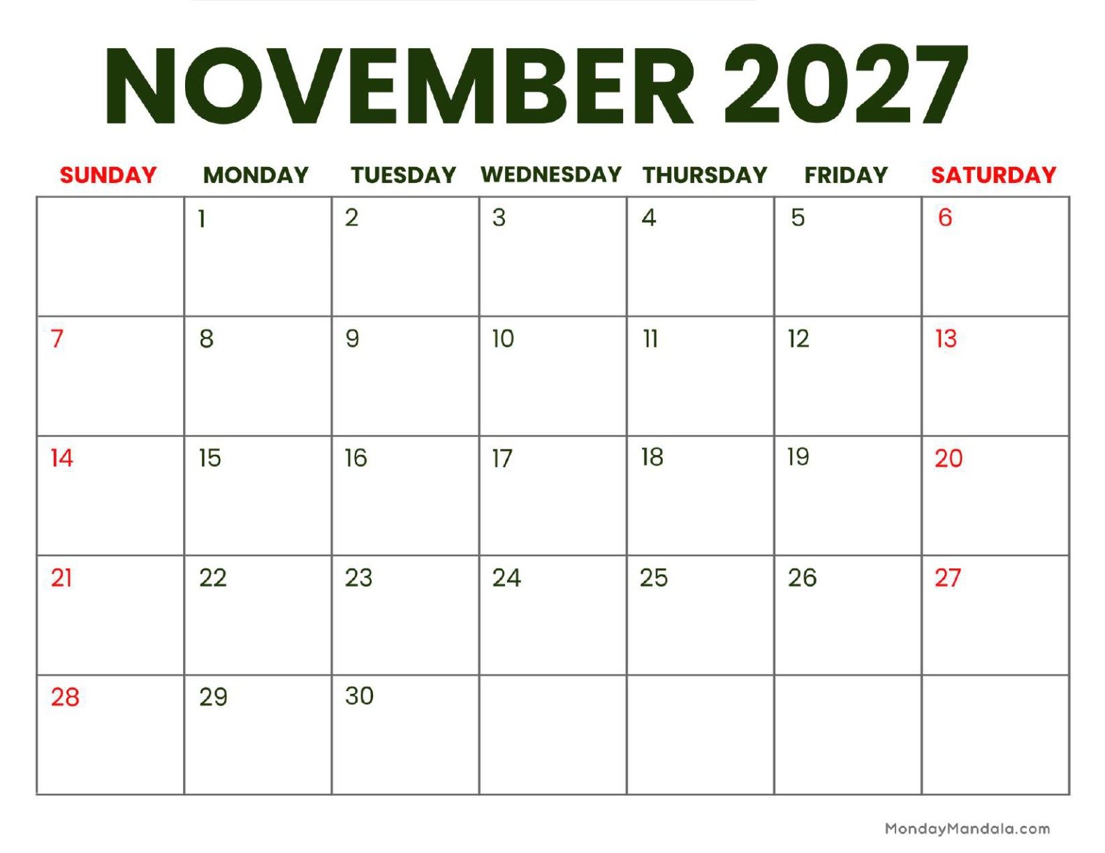 November 2027 Calendar Printable Business Landscape