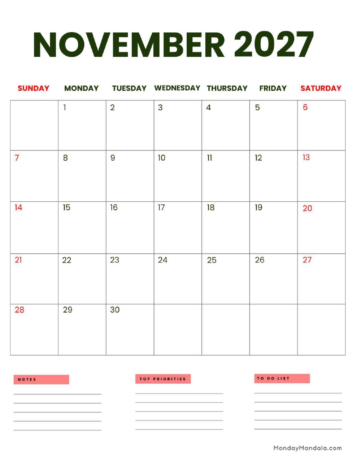 November 2027 Calendar Printable Business Portrait