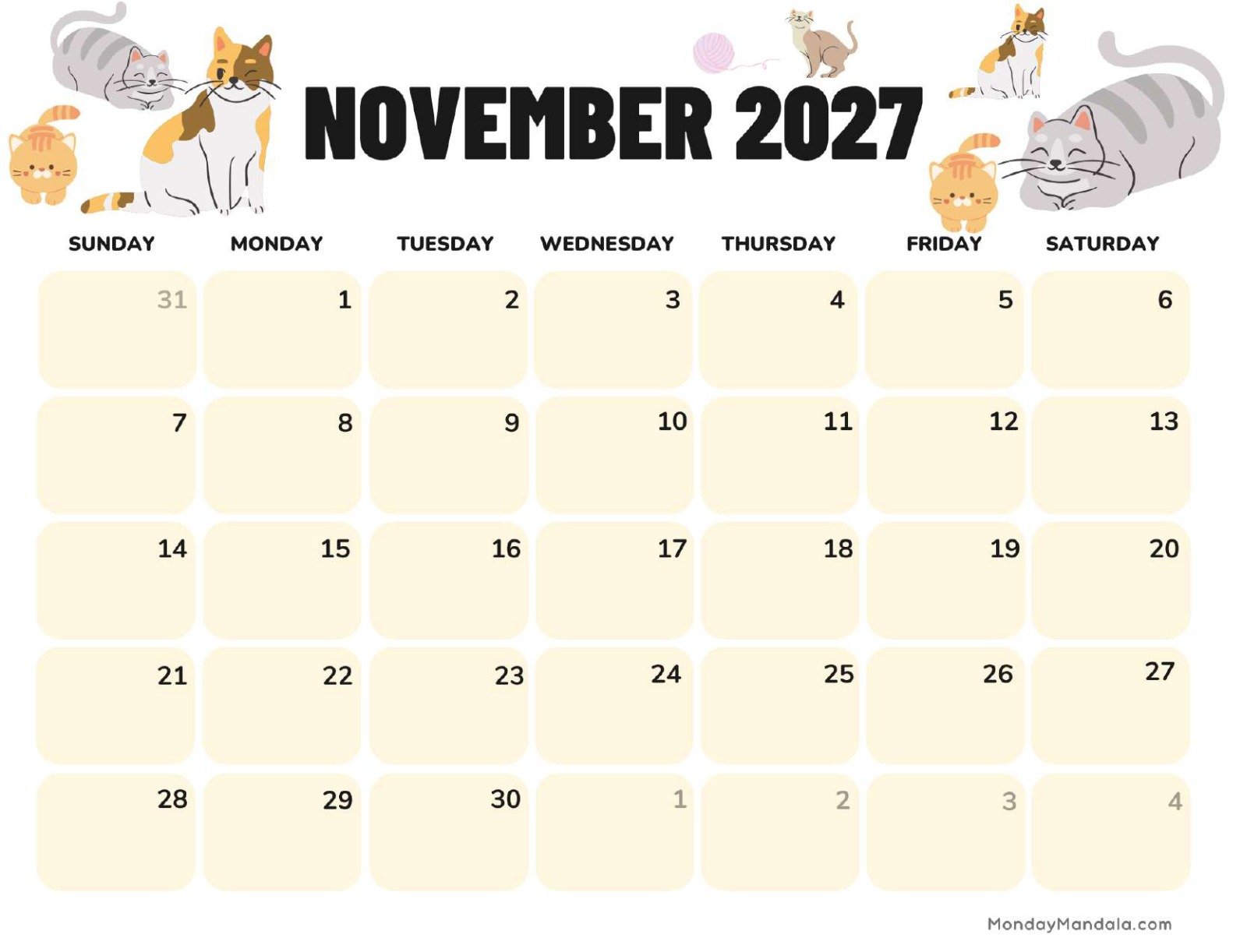 November 2027 Calendar Printable Cats Landscape