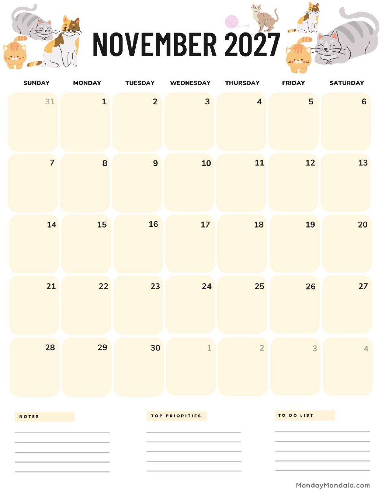 November 2027 Calendar Printable Cats Portrait