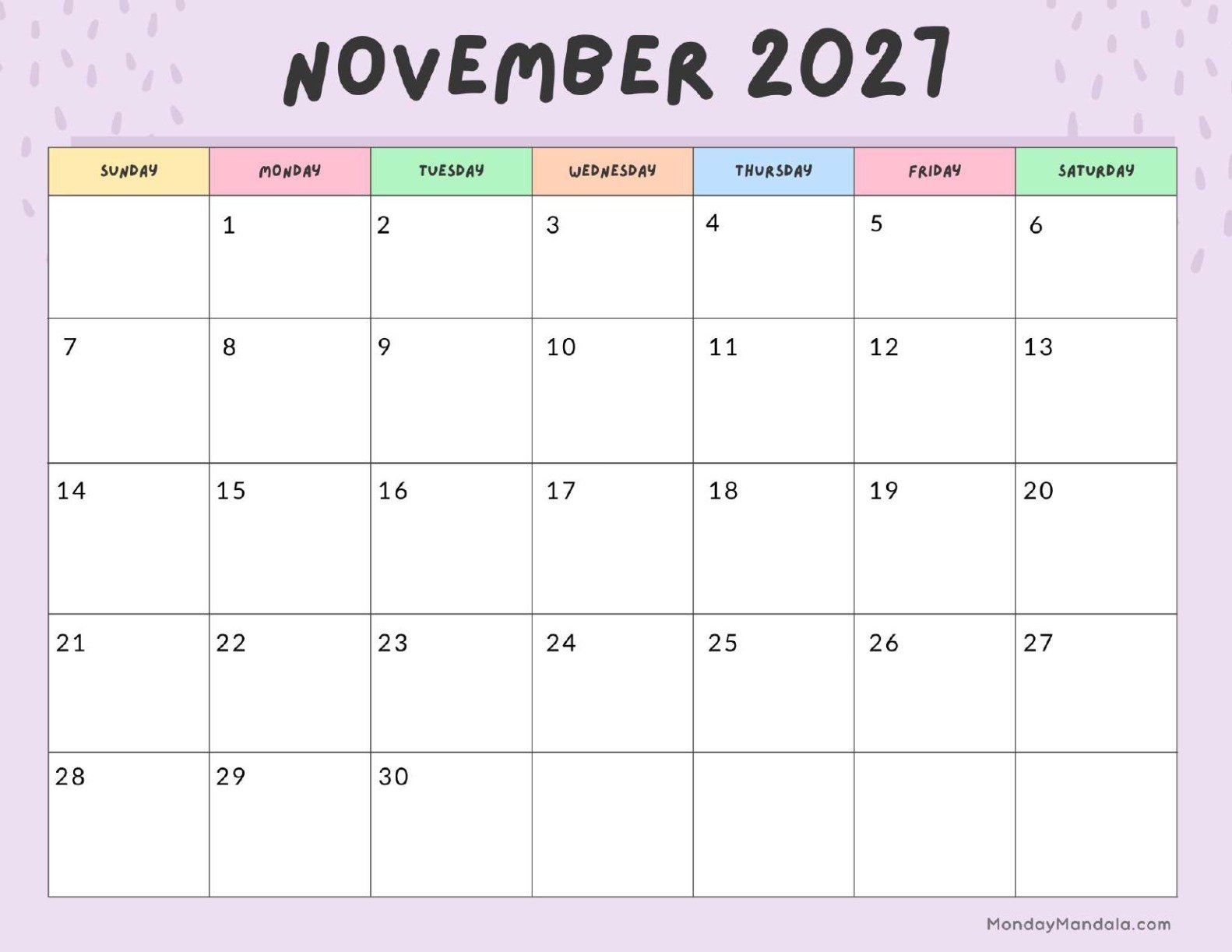 November 2027 Calendar Printable Colorful Landscape