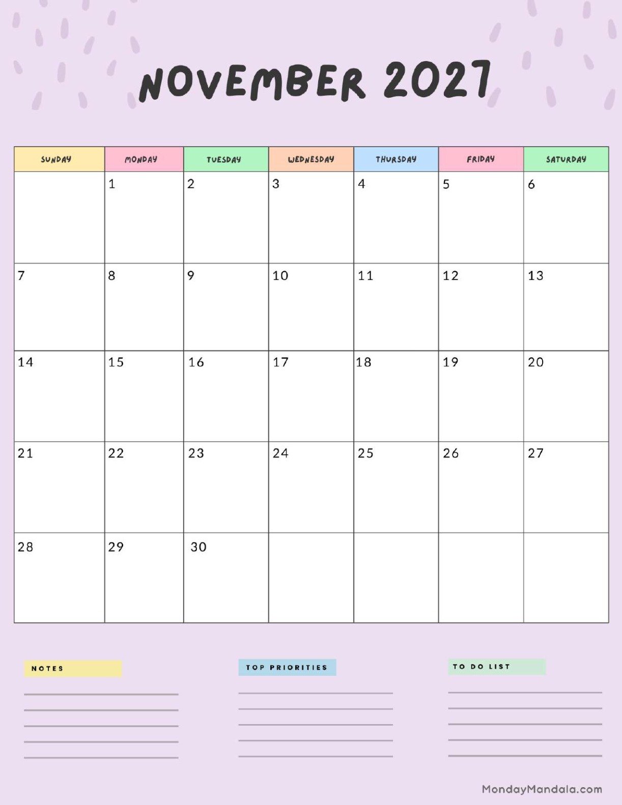 November 2027 Calendar Printable Colorful Portrait