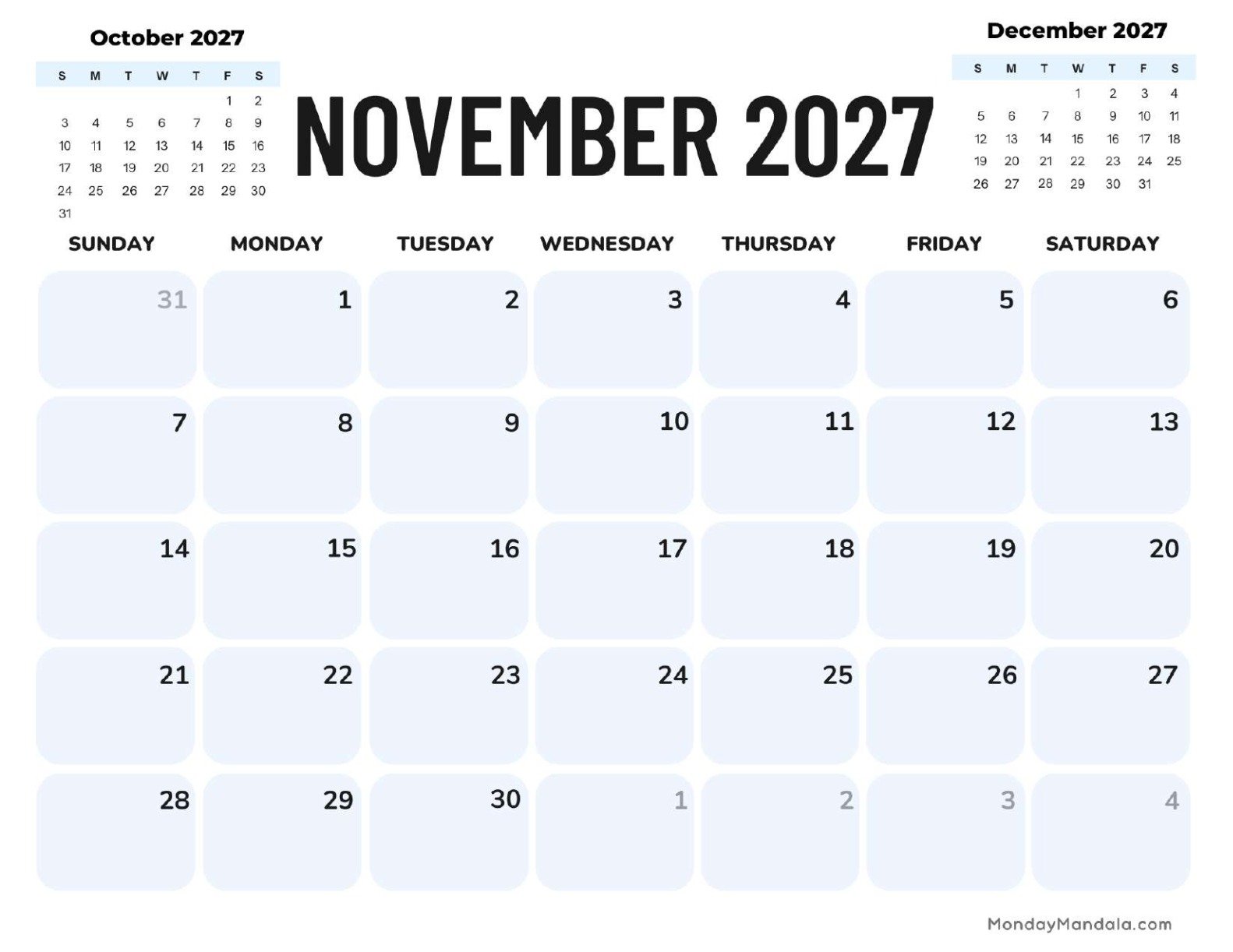 November 2027 Calendar Printable Corporate Landscape