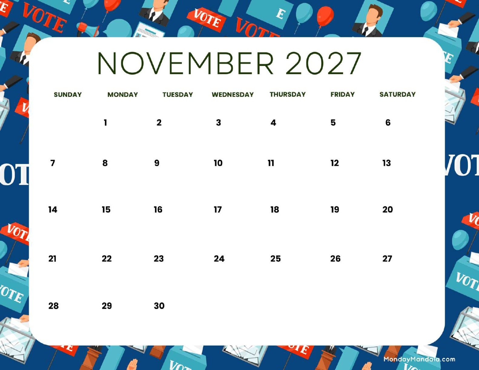 November 2027 Calendar Printable Election Landscape