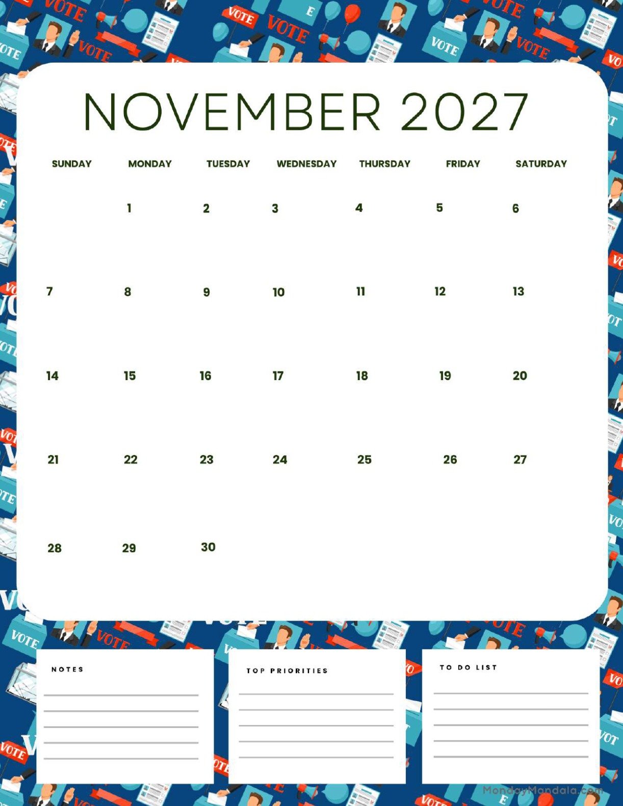 November 2027 Calendar Printable Election Portrait