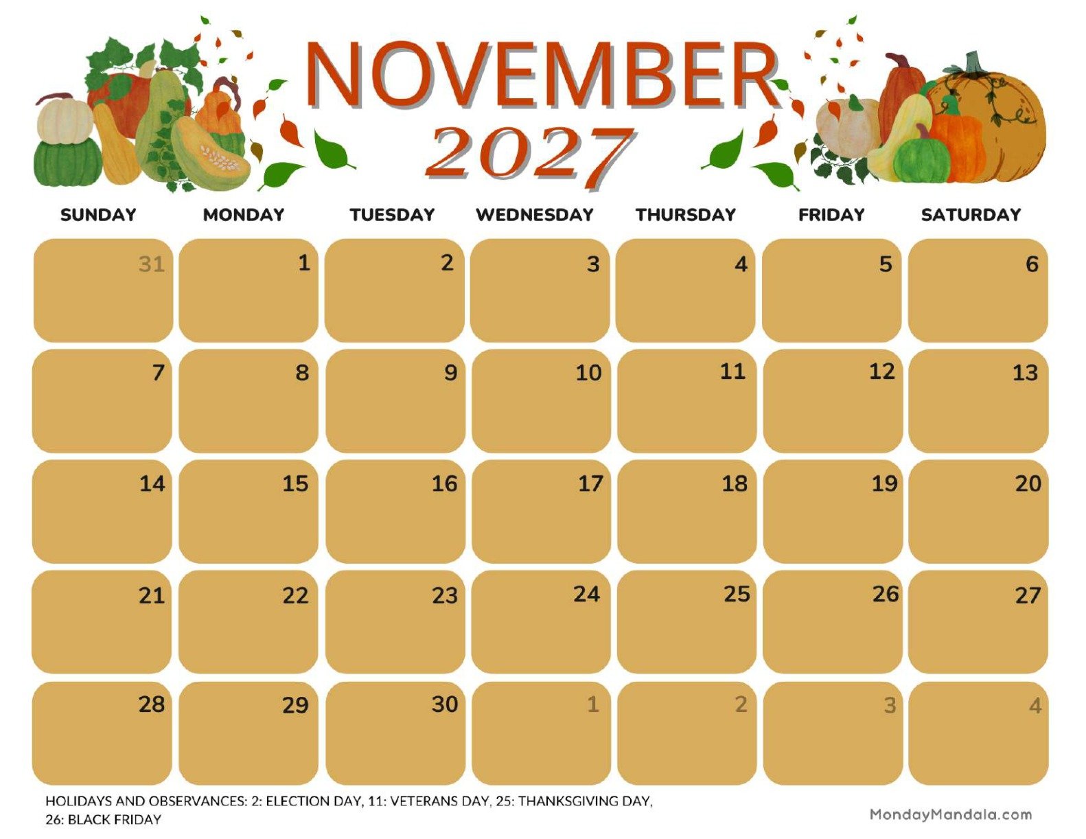November 2027 Calendar Printable Fall Landscape