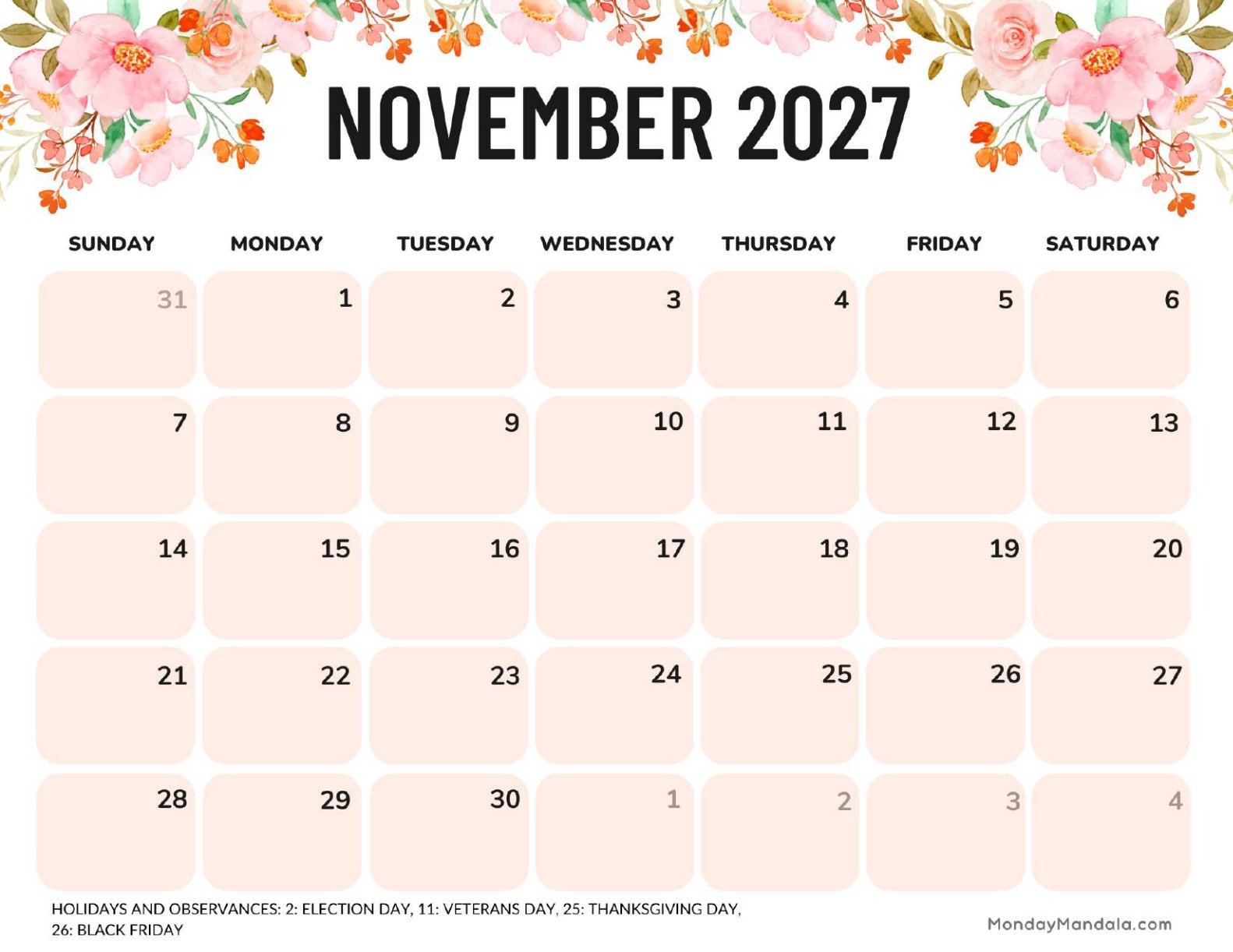 November 2027 Calendar Printable Flowers Landscape