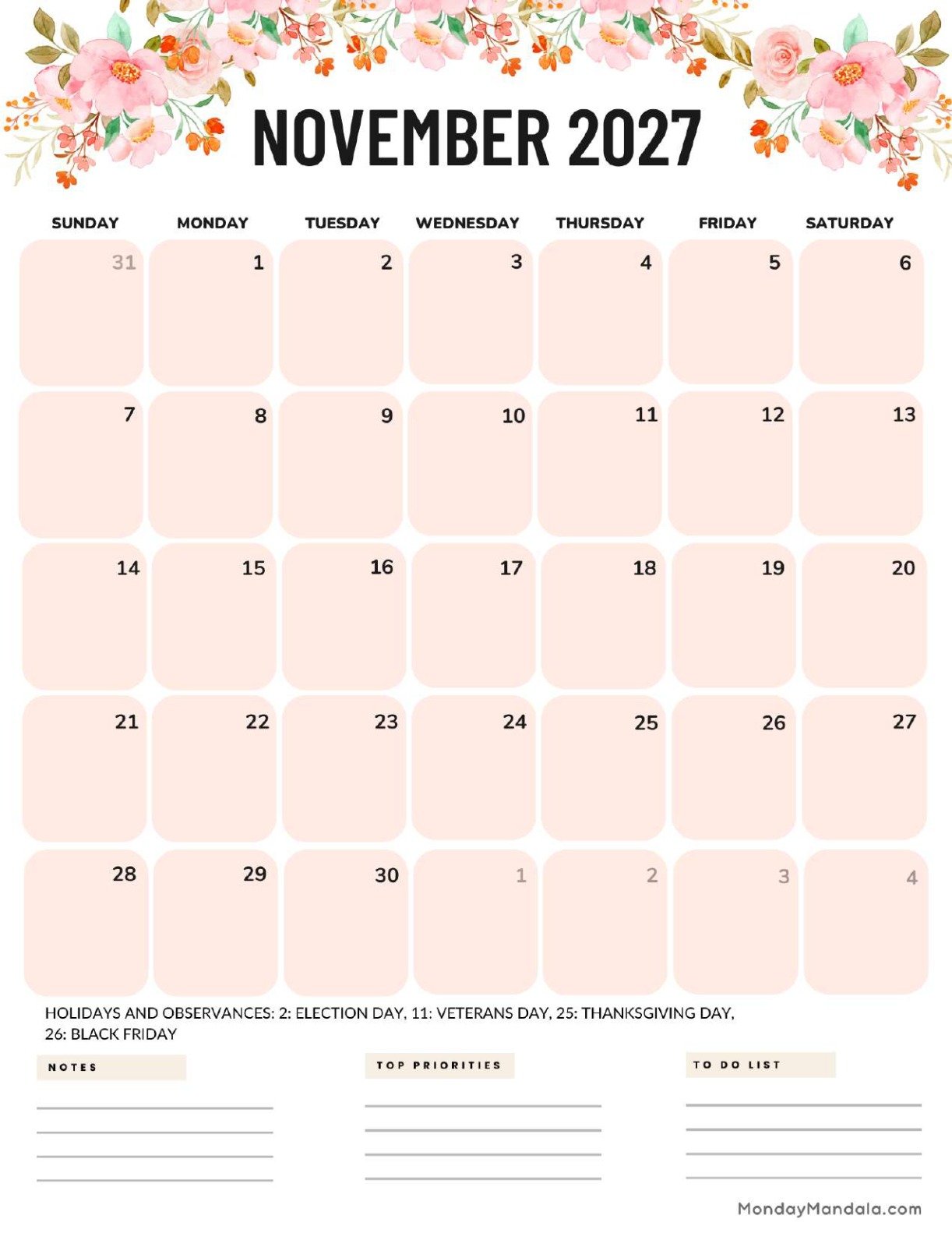 November 2027 Calendar Printable Flowers Portrait