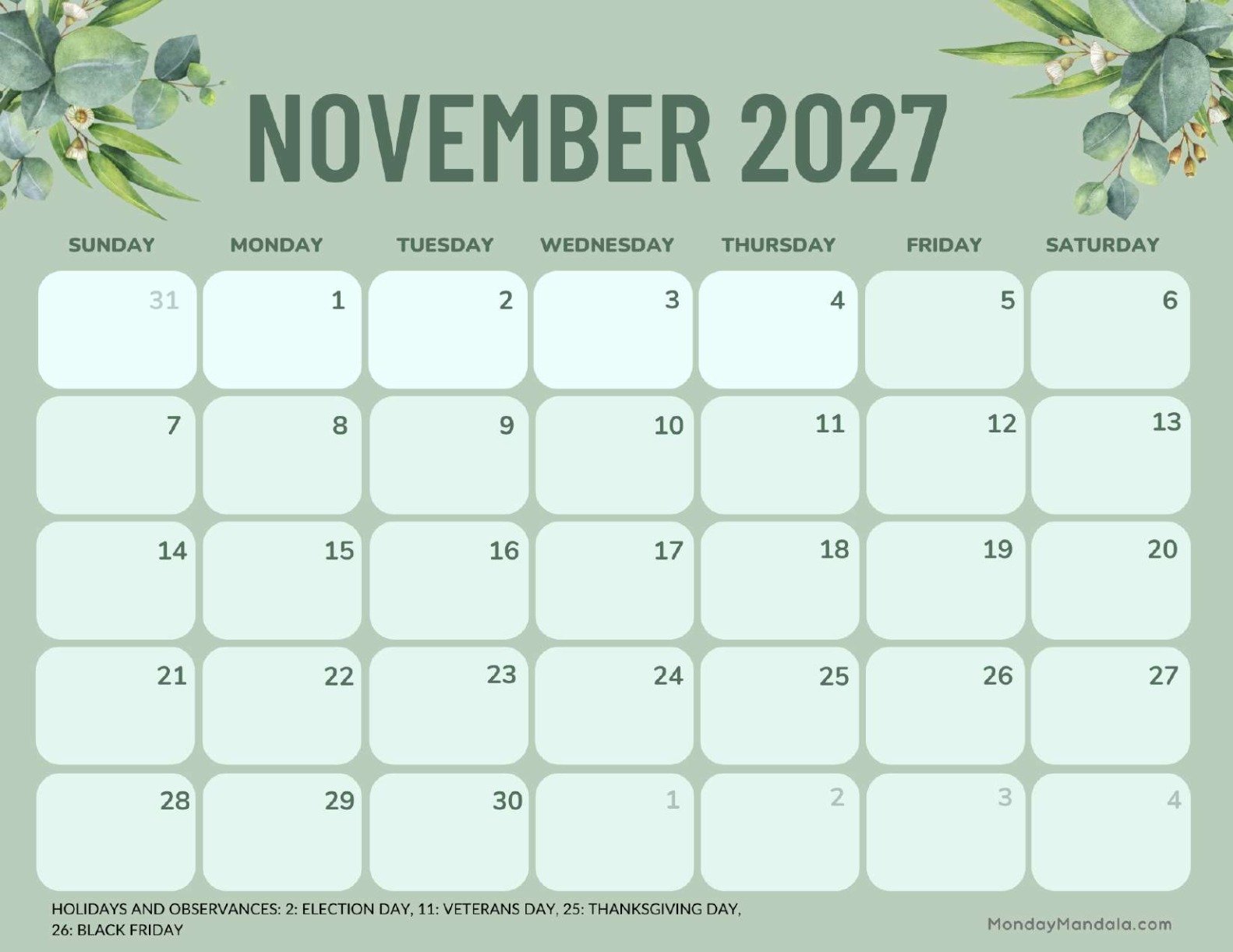 November 2027 Calendar Printable Green Landscape