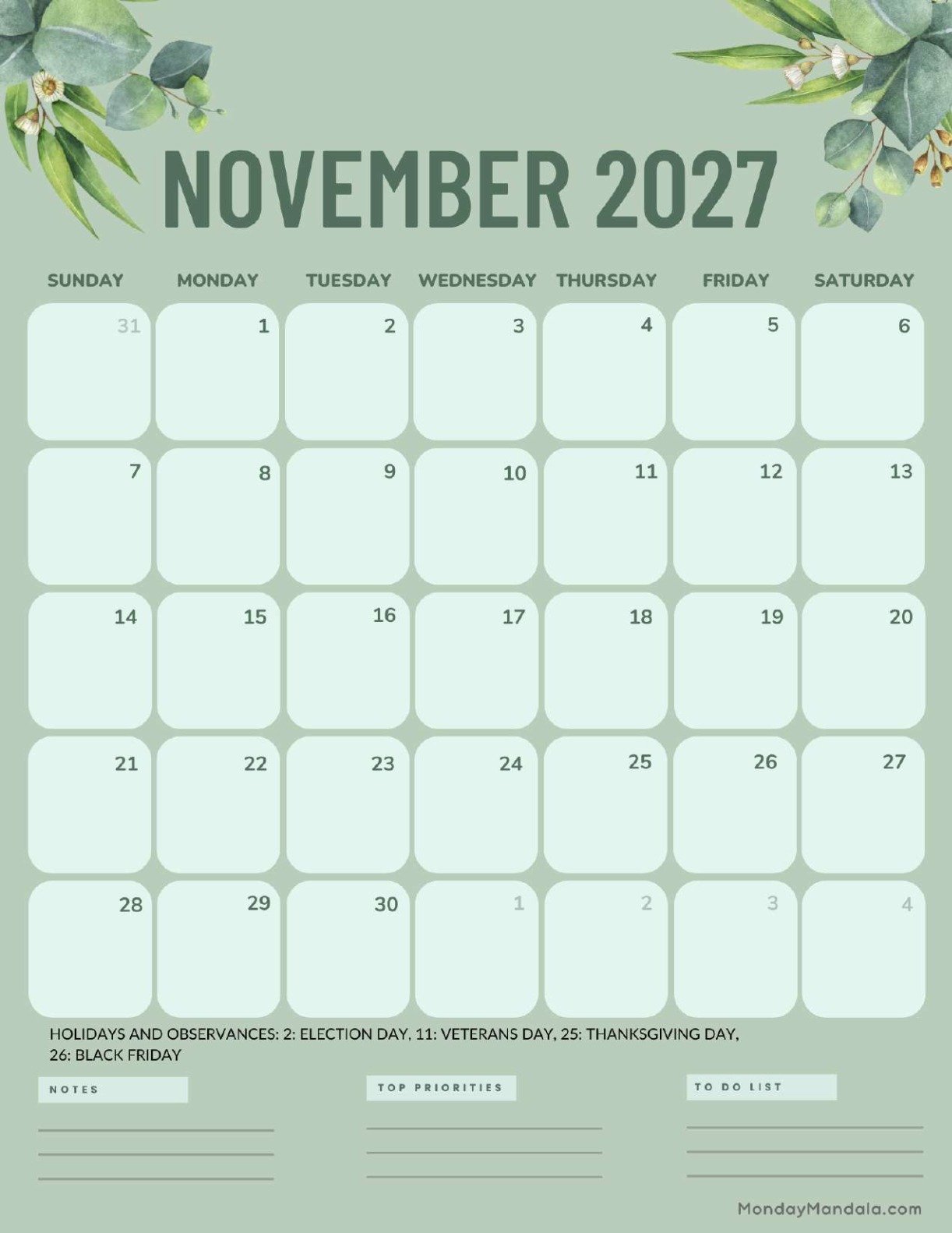 November 2027 Calendar Printable Green Portrait