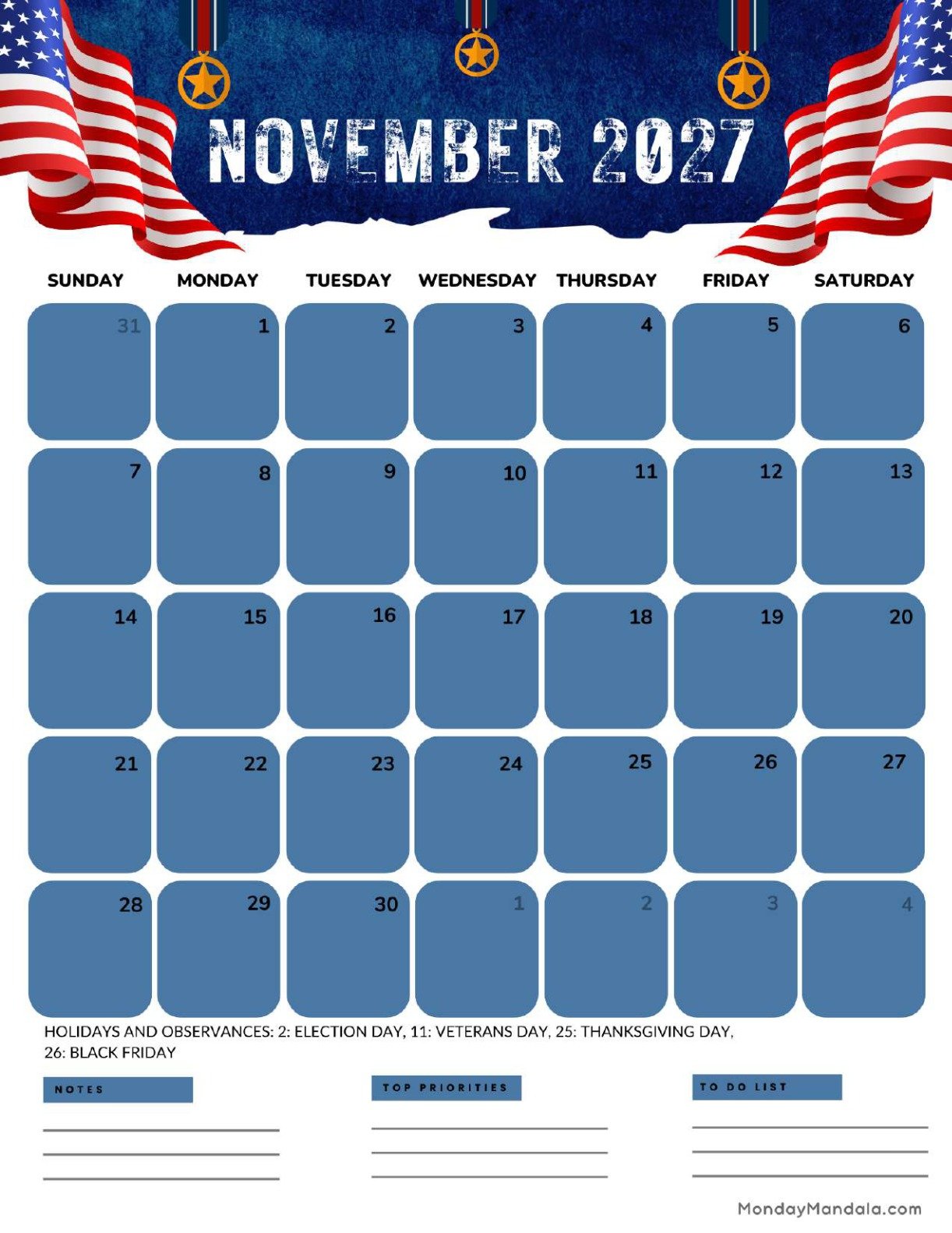 November 2027 Calendar Printable Honor Portrait