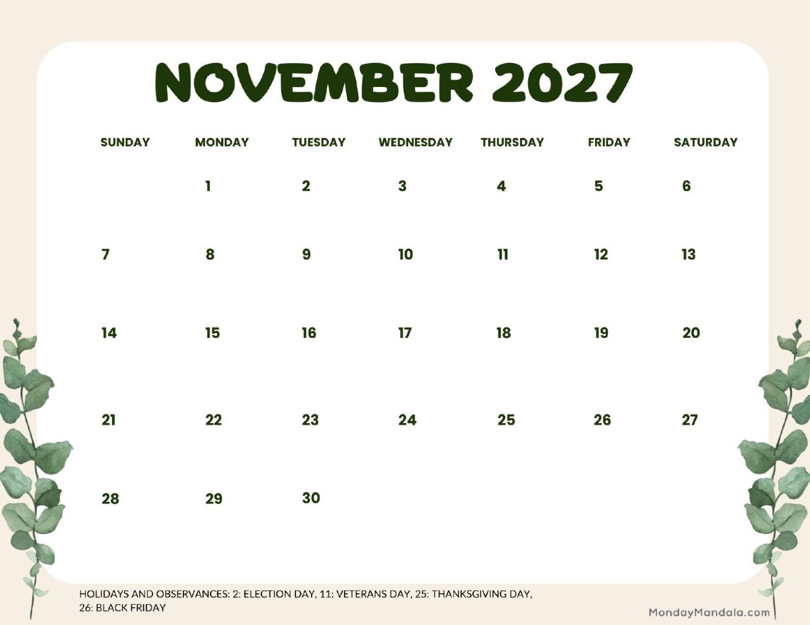 November 2027 Calendar Printable Leaves Landscape
