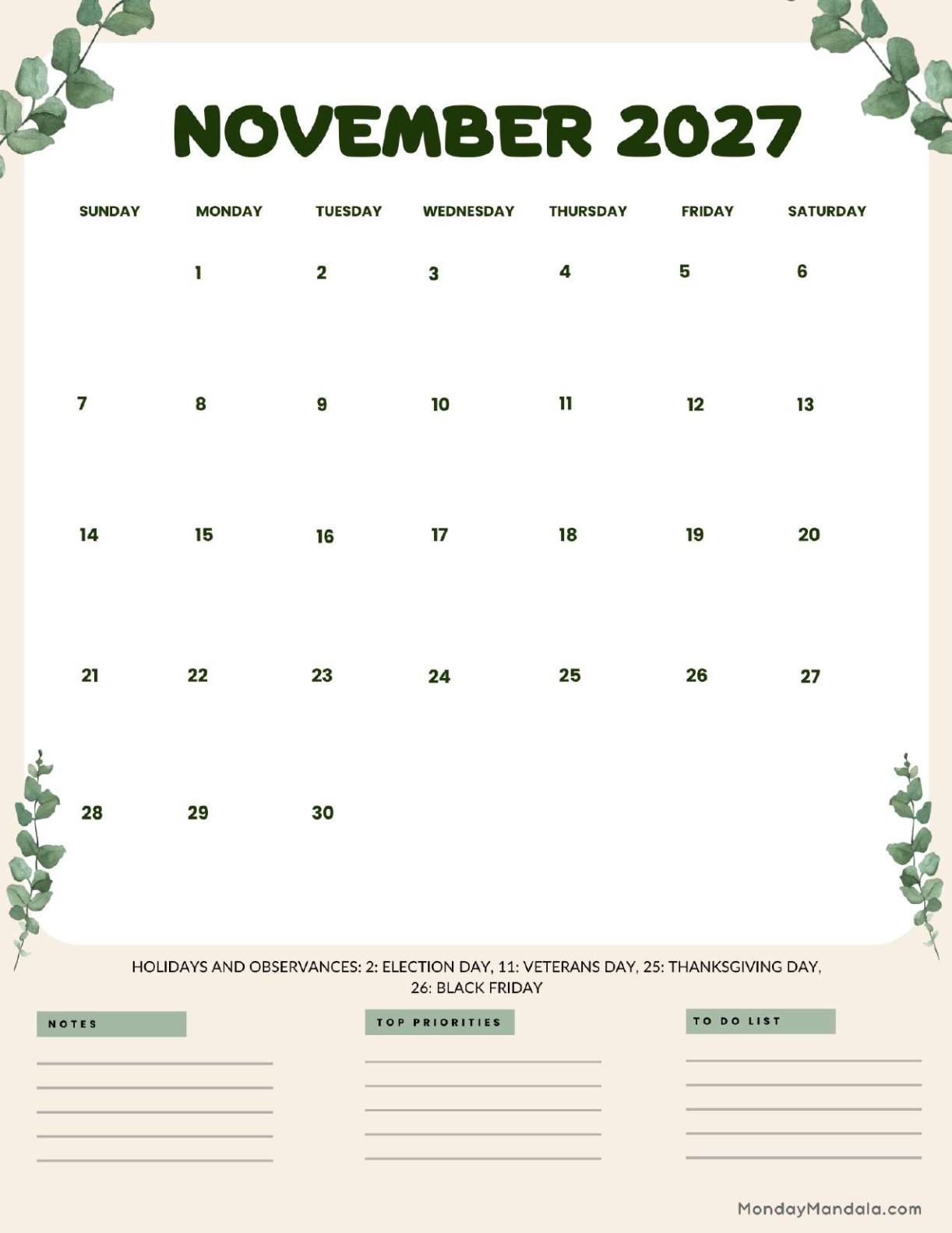 November 2027 Calendar Printable Leaves Portrait