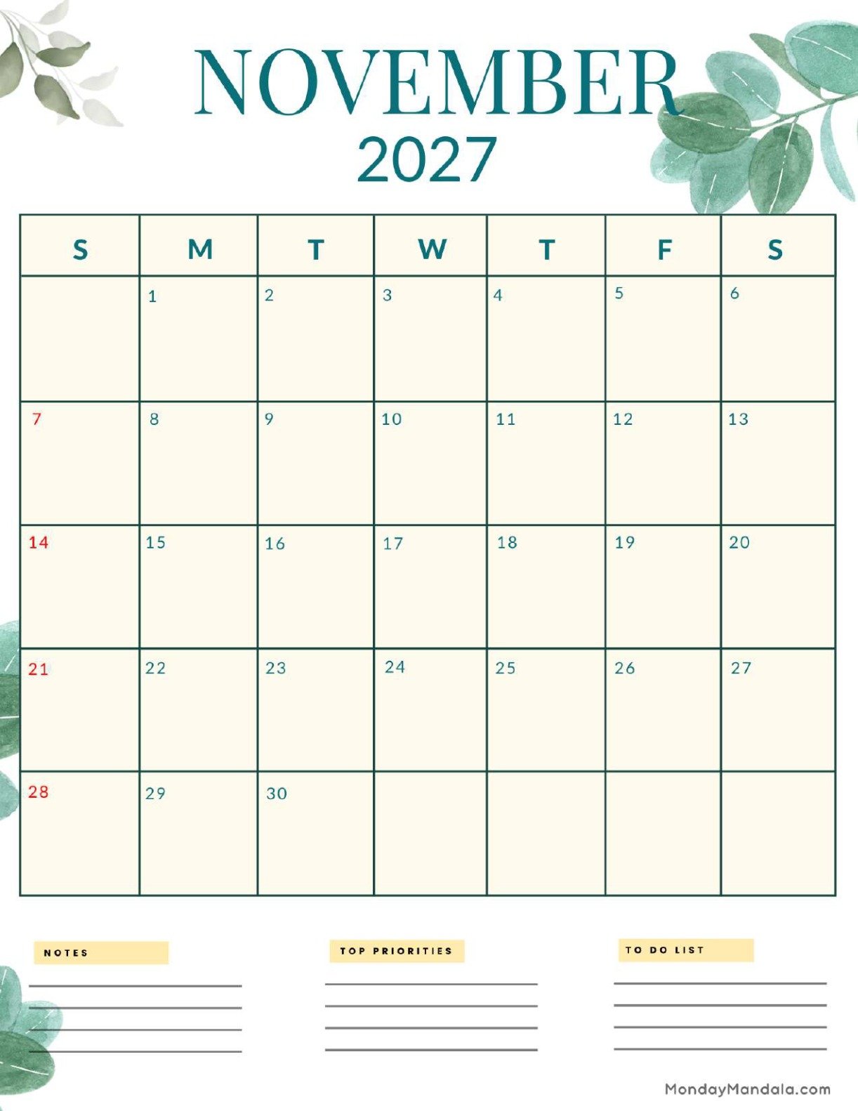 November 2027 Calendar Printable Nature Portrait