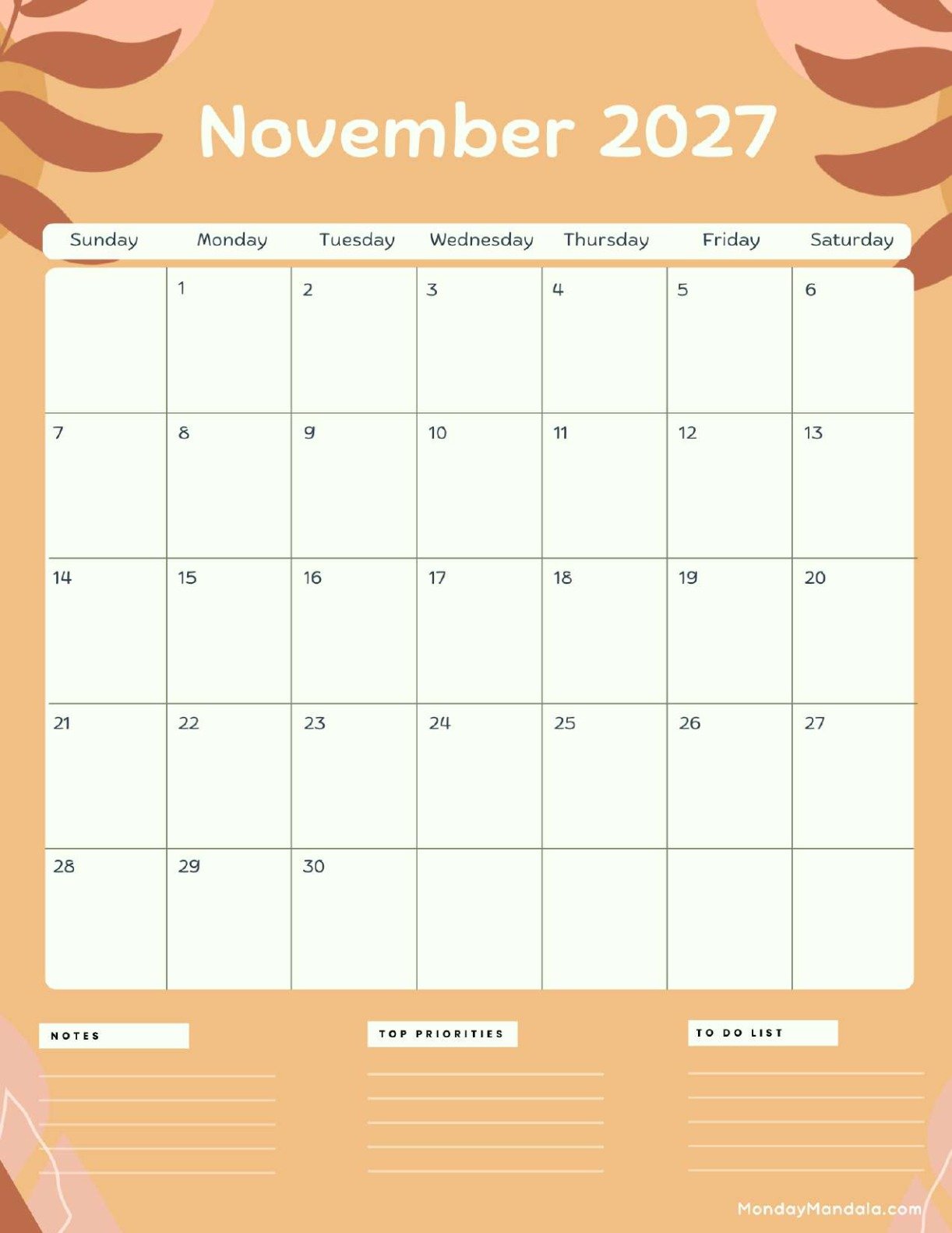 November 2027 Calendar Printable Terracotta Portrait