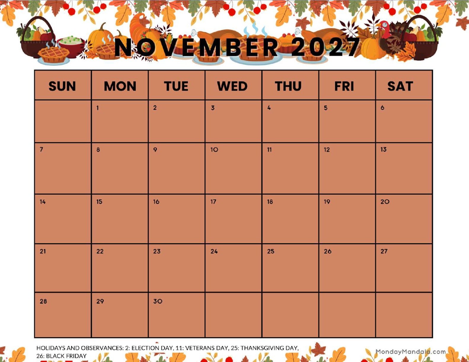 November 2027 Calendar Printable Thanksgiving Landscape