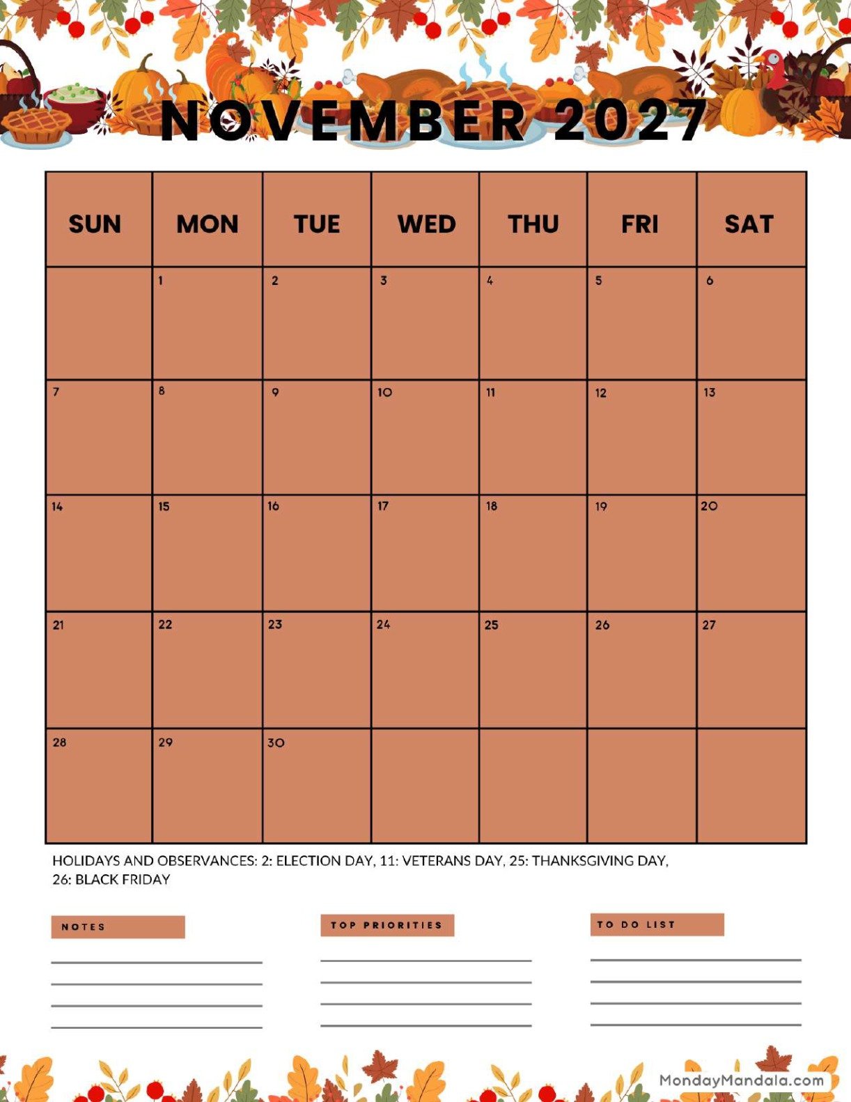 November 2027 Calendar Printable Thanksgiving Portrait