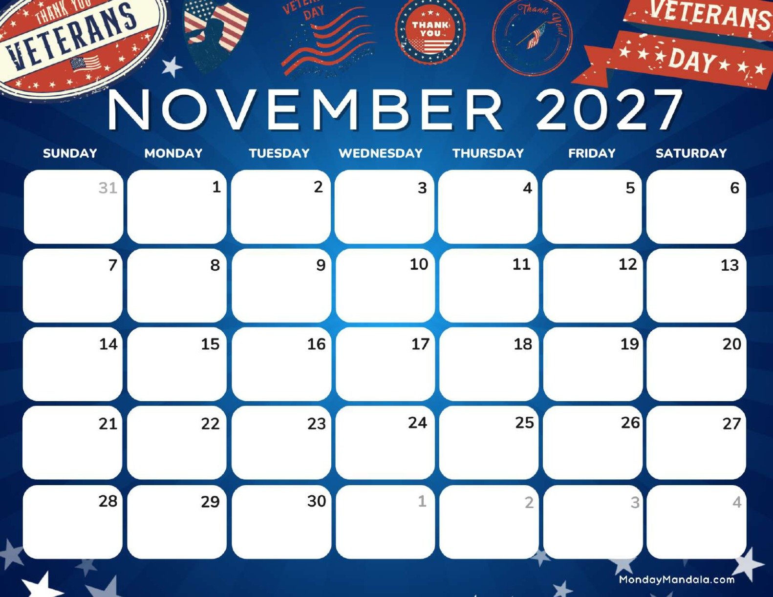 November 2027 Calendar Printable Veteran’s Day Landscape
