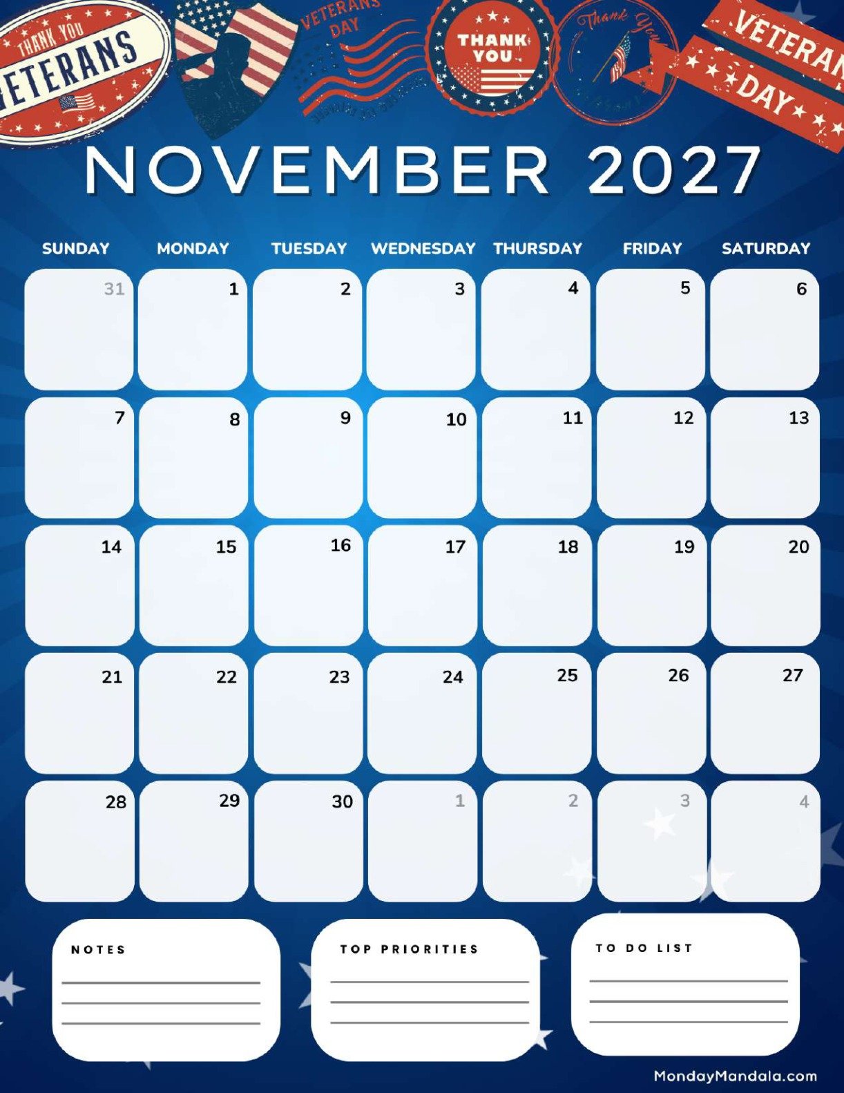 November 2027 Calendar Printable Veteran’s Day Portrait