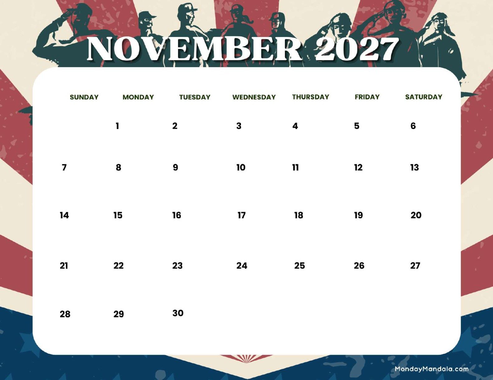 November 2027 Calendar Printable Veterans Landscape