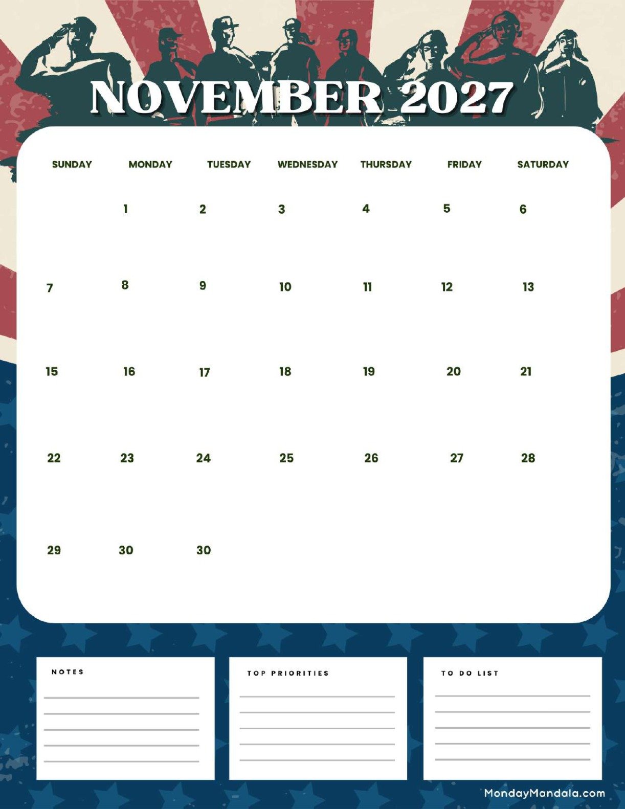 November 2027 Calendar Printable Veterans Portrait