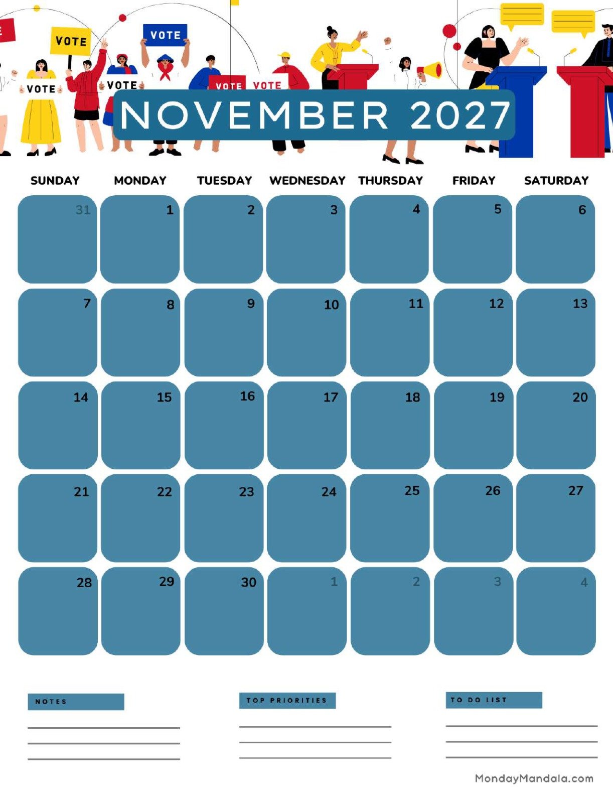 November 2027 Calendar Printable Vote Portrait