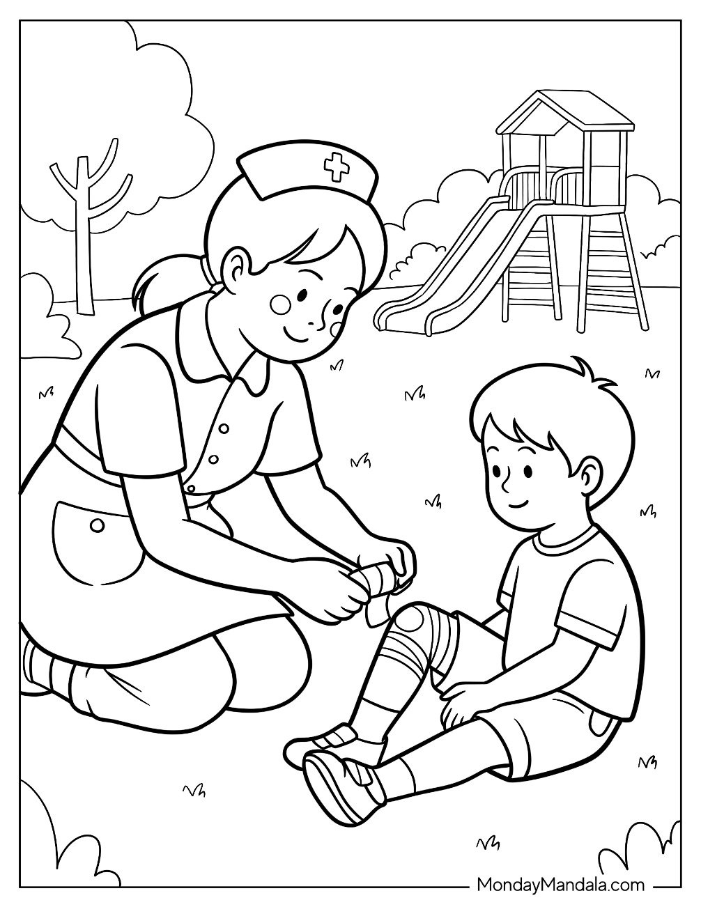 People Coloring Page of Nurse Putting A Band Aid On A Boy s Wound