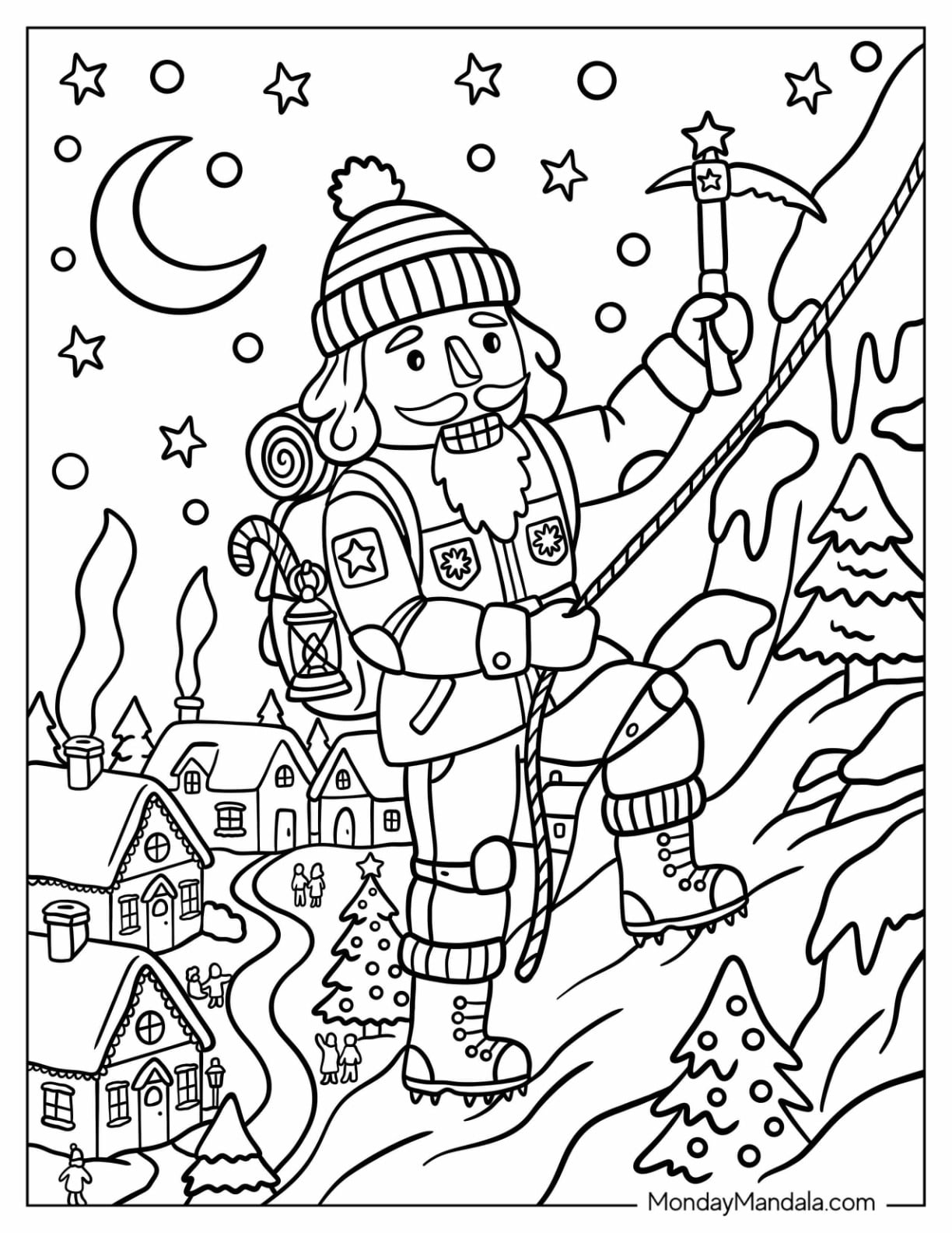 Nutcracker Climbing a Snowy Mountain Above a Christmas Village Coloring Page