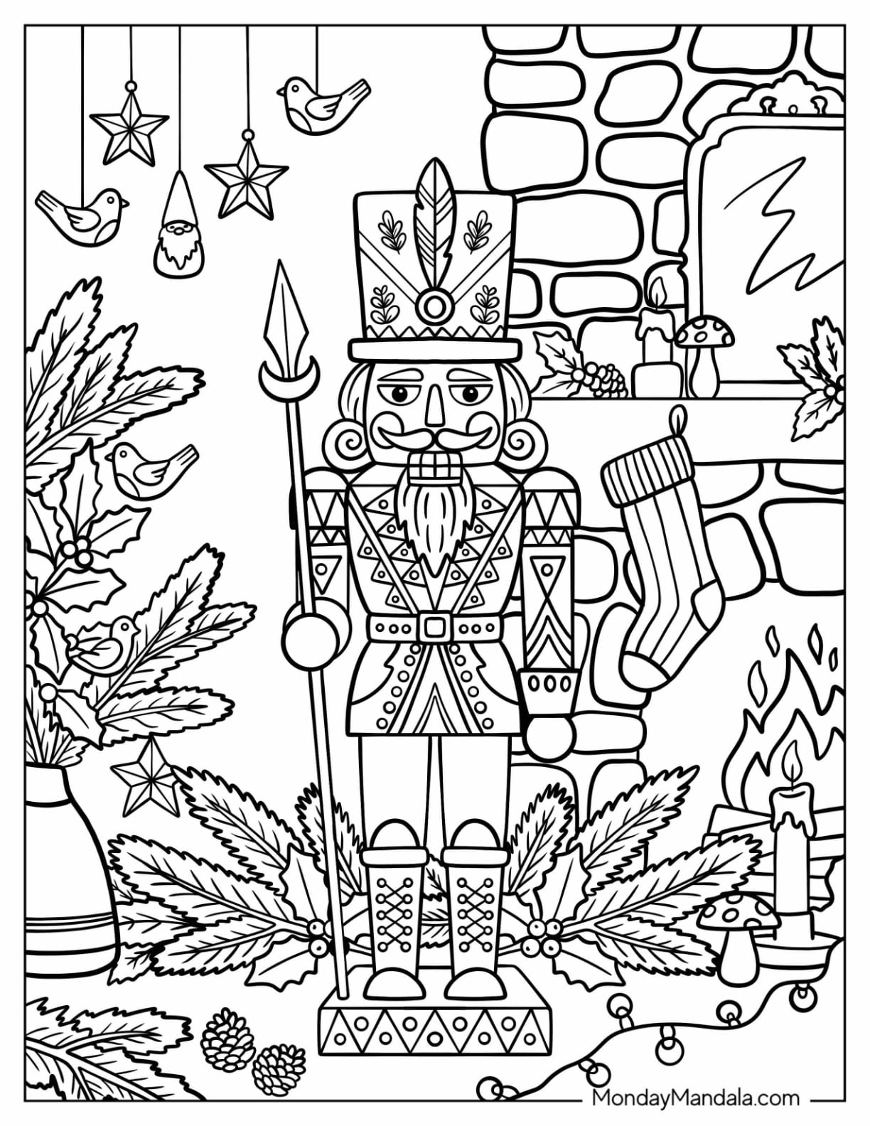 Nutcracker Guard Holding a Spear by a Christmas Fireplace