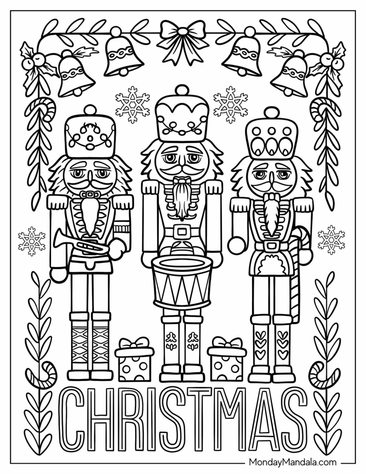 Nutcracker Coloring Page Guards With Laurels And Snowflakes In The Background